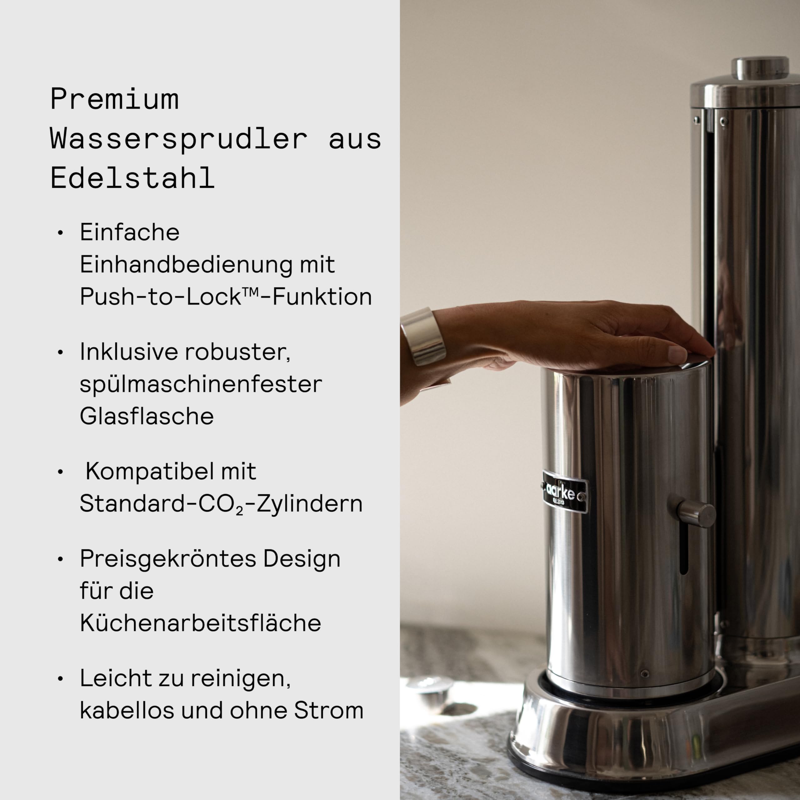 Aarke Carbonator Pro, Wassersprudler mit Glasflasche, Edelstahl Finish