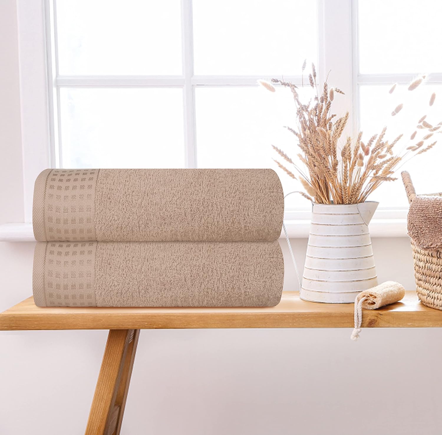 GLAMBURG 100% Cotton 2 Pack Oversized Bath Towel Set 28x55 Inches, Ultra Soft Highly Absorbant Compact Quickdry & Lightweight Large Bath Towels, Ideal for Gym Travel Camp Pool - Tan - Image 3