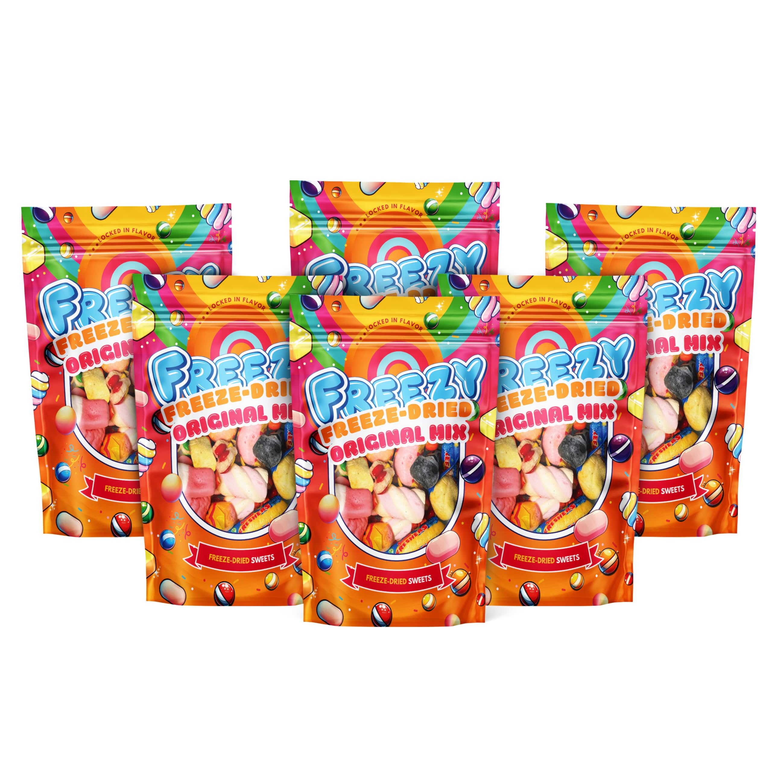 Freezy Freeze Dried Candy Bundle, Original Mix (Pack of 6) 720 gms, Bites includes & Squishes, Refresher sweets, Fruit Salad Bites, Blue Jacks & Marshmallows