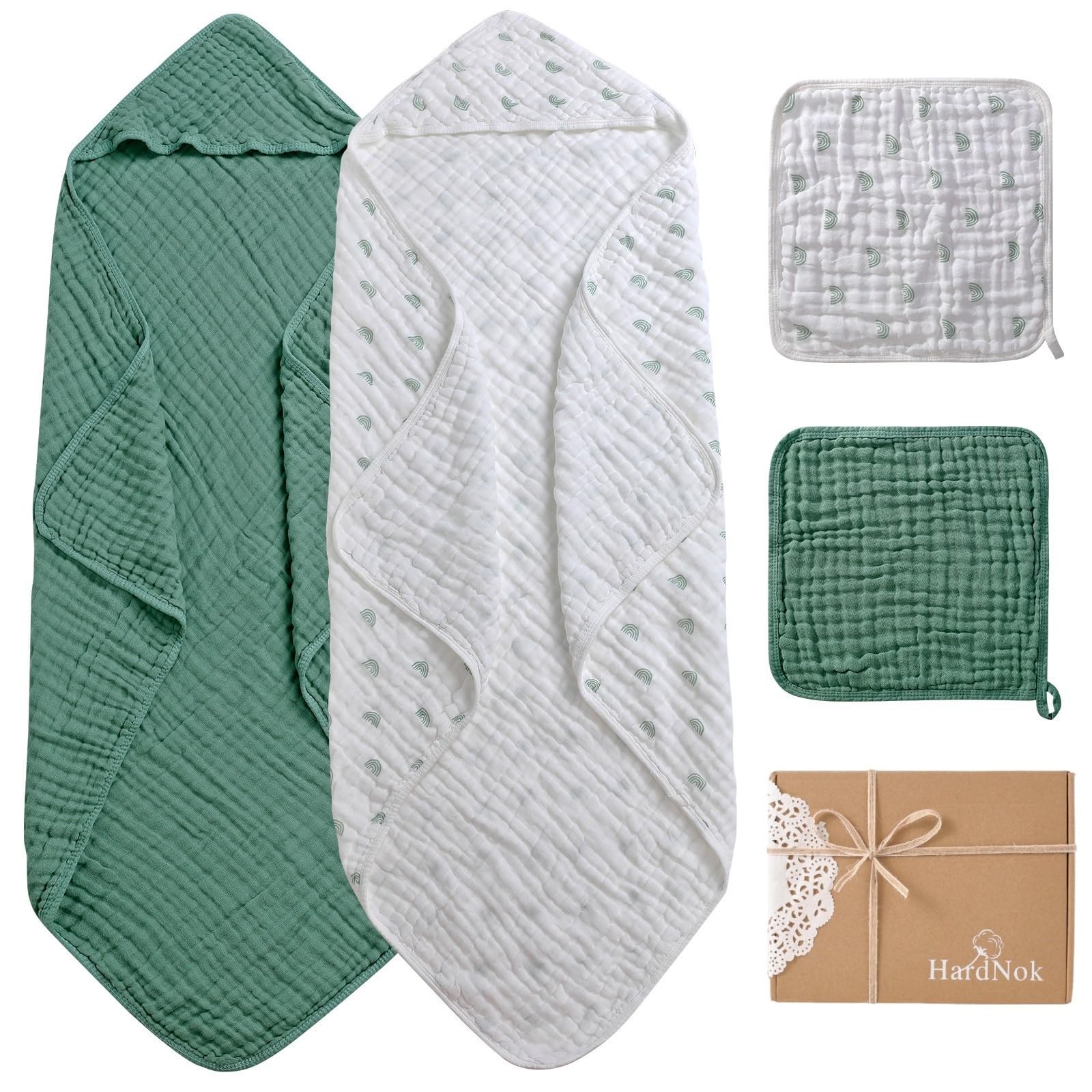 Baby Bath Towels Muslin 4 Pack, Premium Muslin 6 Layers Natural Cotton Baby Bath Towels, Soft and Comfortable for Boys,Girls (Boho Rainbow Green) (32 x 32)