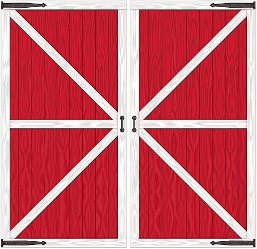 Beistle Accesorios para puerta de granero rojos: paneles de fondo de fotos de plástico fino con impresión de puerta izquierda y derecha para fiestas