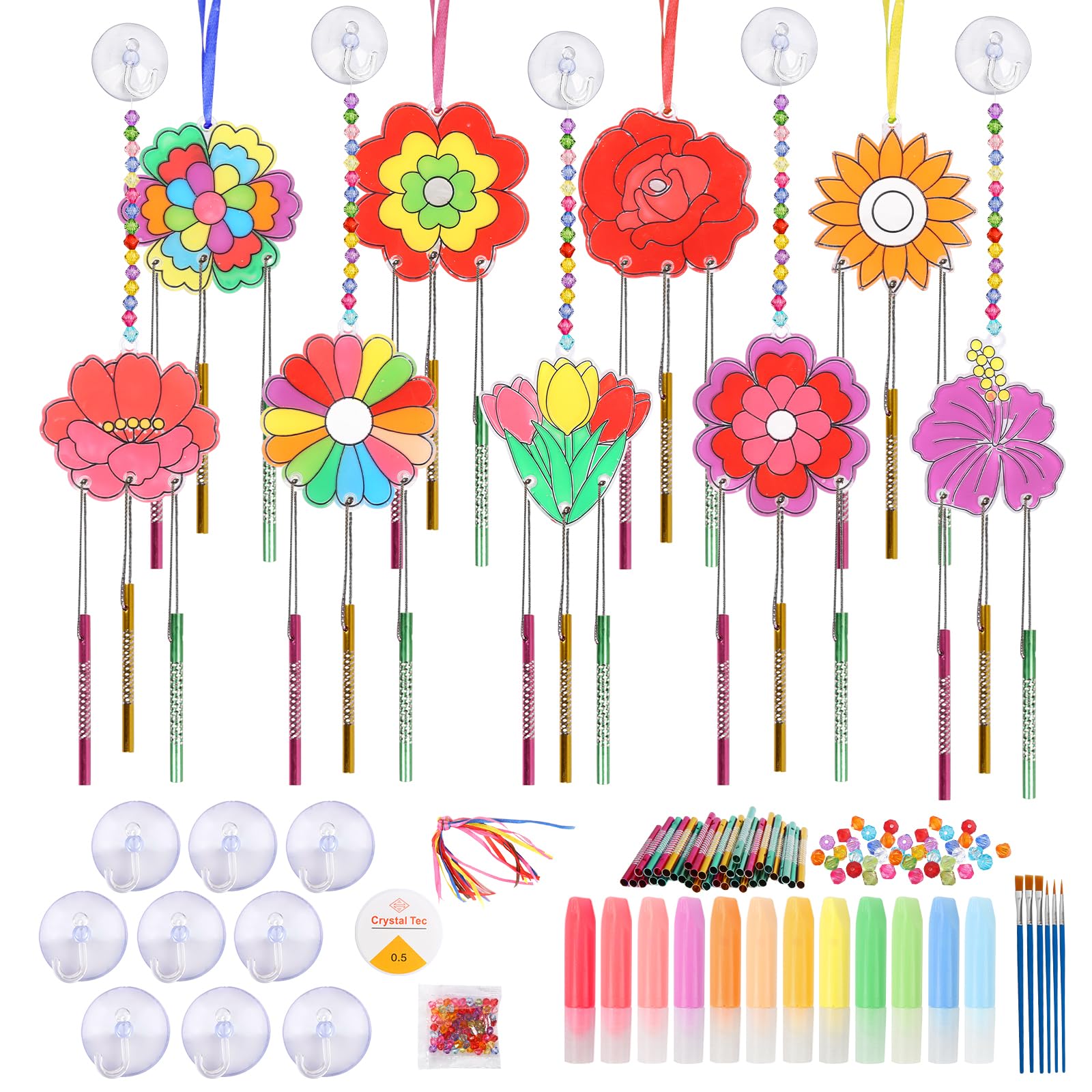 KATOOM 9 Pack Flower Suncatcher Wind Chimes Kit for Kids Make You Own Suncatchers Ornaments DIY Paint Window Art Suncatchers Craft for Kids Spring Art Projects Mother's Day Decoration