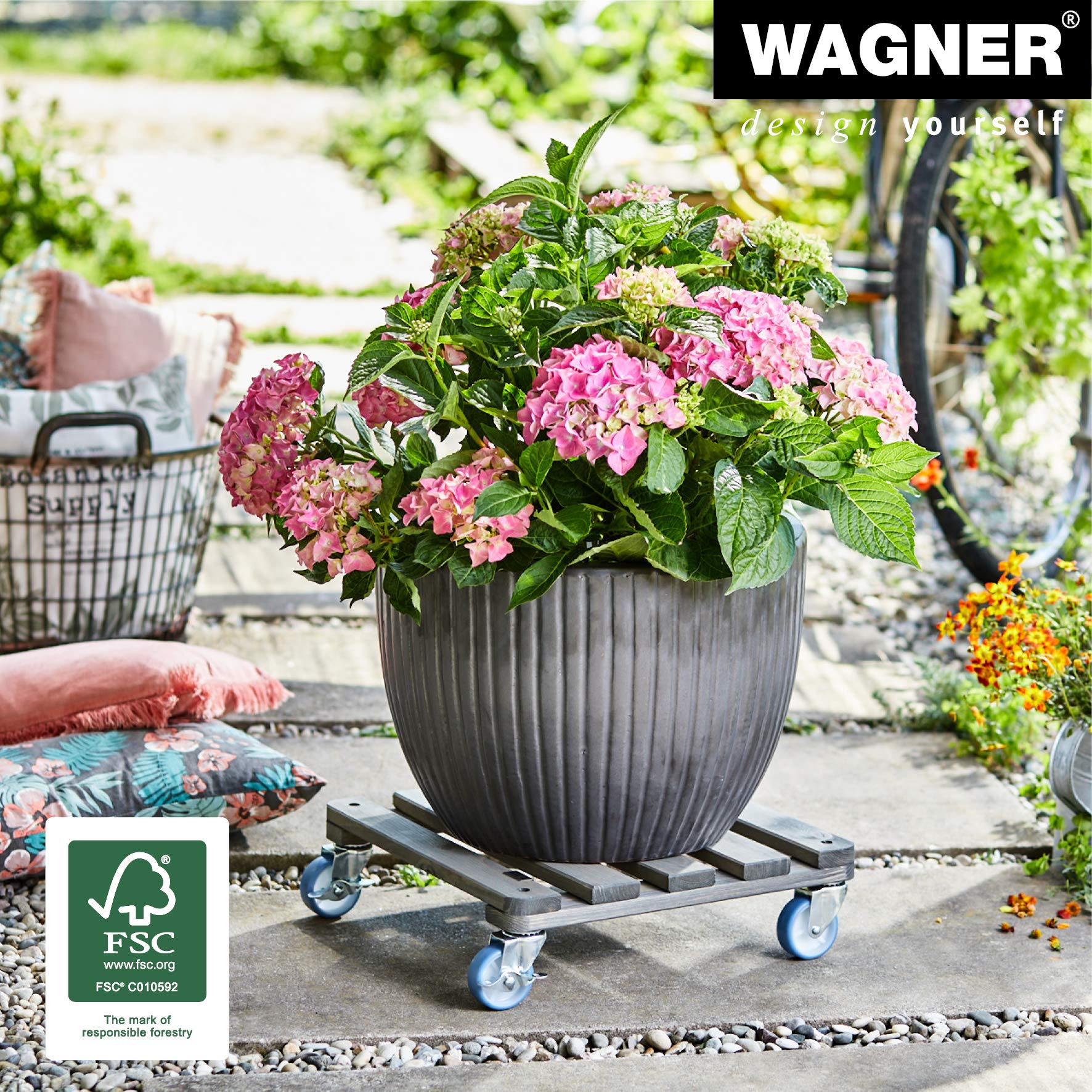 WAGNER Support à roulettes pour Pot de Fleur Vintage 40 x 40 x 12 cm I intérieur + extérieur I en Bois Massif antidérapant certifié FSC®, Vintage I Capacité de Charge 150 kg I Made in EU - 20709001