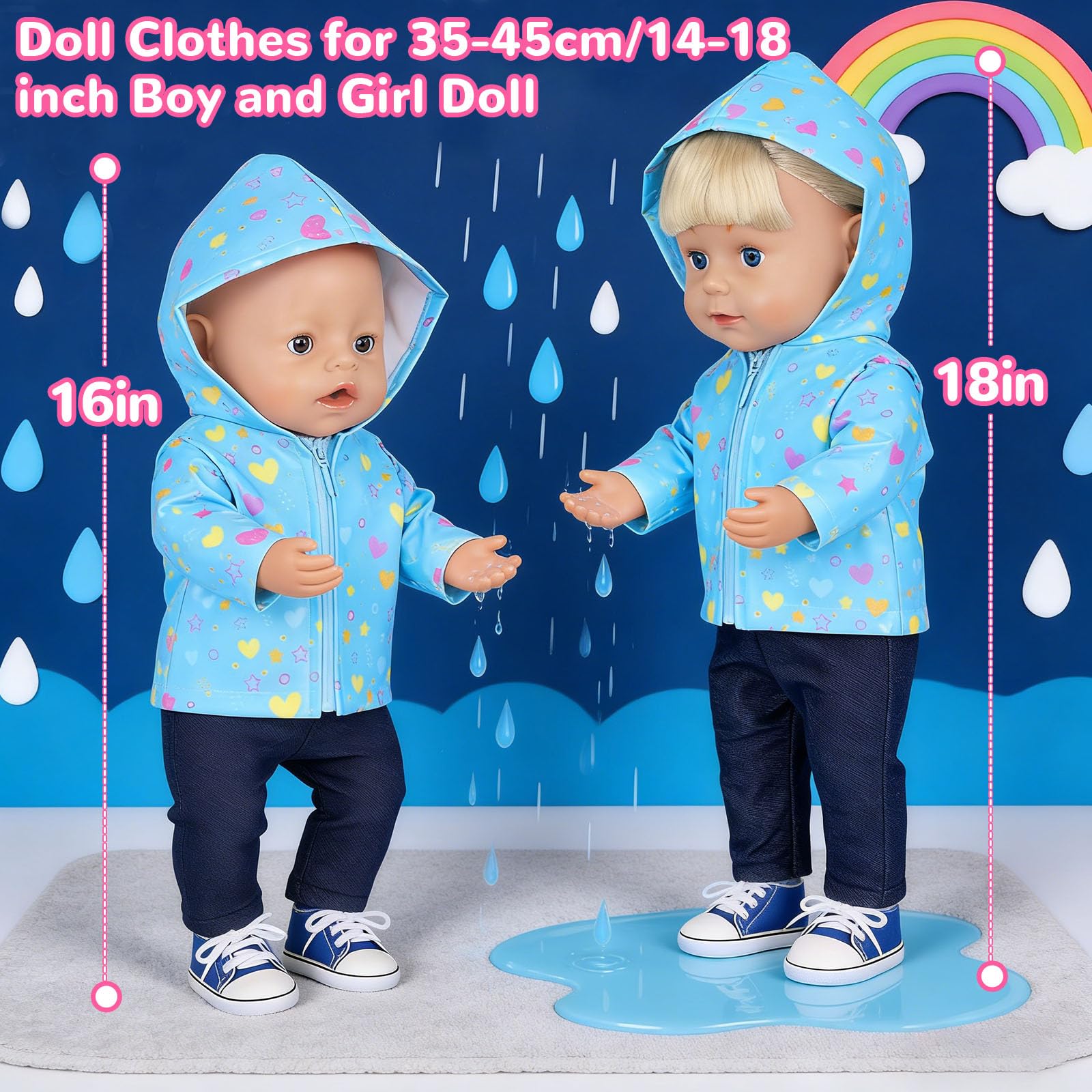 5 Stück Puppenkleidung 35-45 cm, Baby Regen-Oufit mit 1 Blauer Sternenjacke 1 T-Shirt mit Blumenmuster 1 Hose 1 Schuhe 1 Kleiderbüge für 14-18 Zoll Baby Puppen, Kleidung Zubehör Geschenke für Kinder - 5
