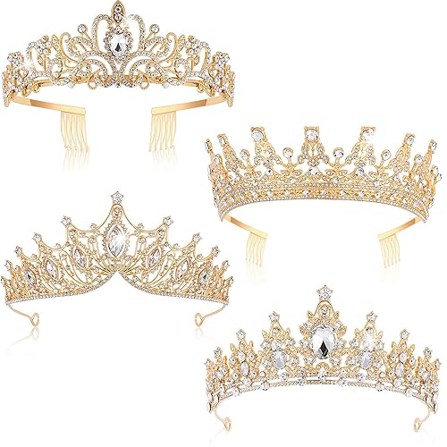 Kigeli Paquete de 4 coronas de reina para mujer, corona de desfile con peines de diamantes de imitación, tiara de princesa, tiara de graduación para
