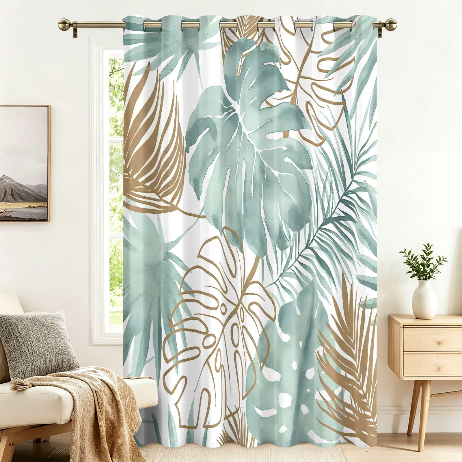 Fadaing Golden Brown Monstera Blackout Curtains with Eyelets, 1 Piece, Extra Wide Living Room Door Curtain, 183 x 132 cm Privacy Screen, Opaque, Patterned, Against Heat, Darkening Room Divider