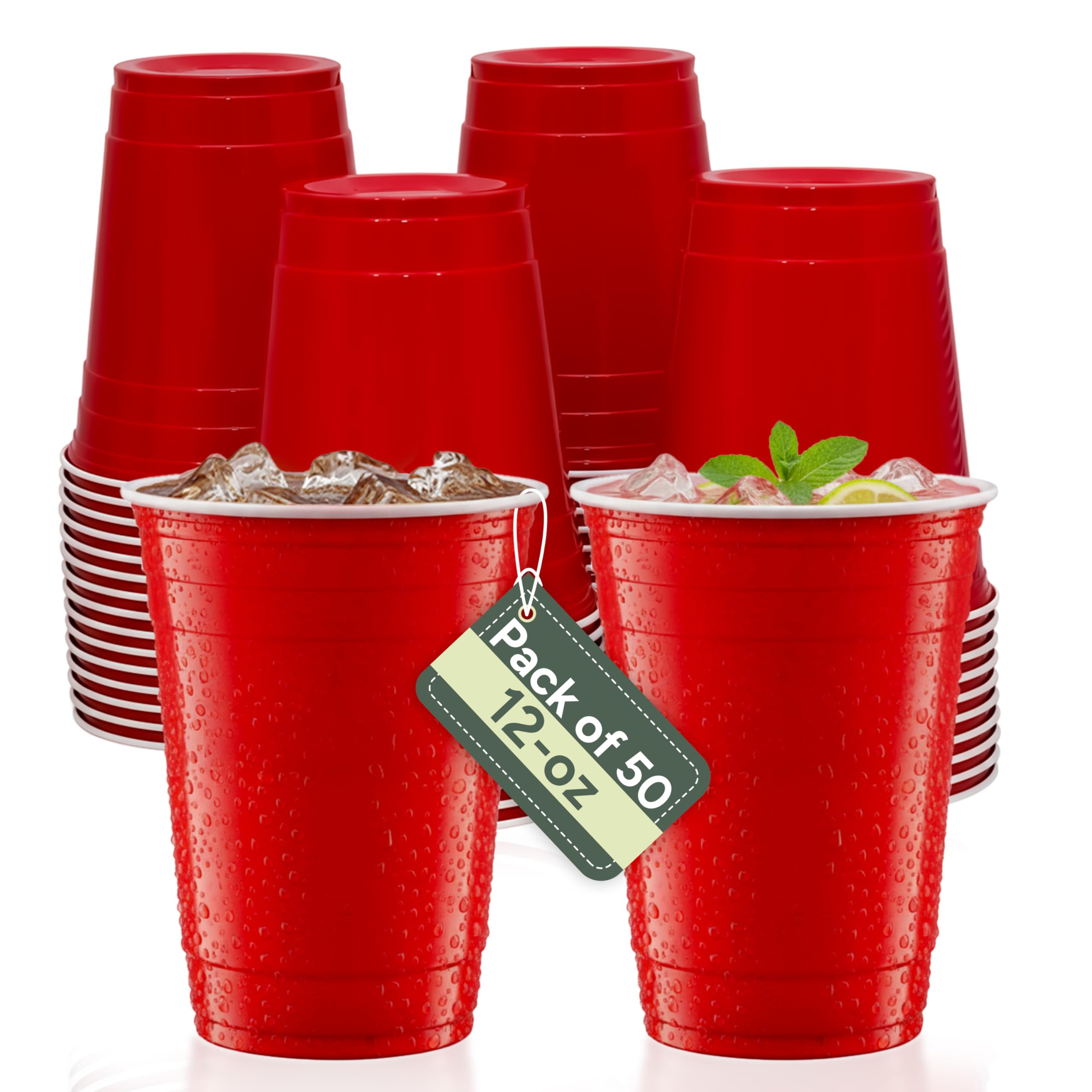 Zuvo Red Party Cups - 12oz Plastic Disposable Cups (Pack of 50) - Durable Red Plastic Cups for Events, Picnics & Parties - Recyclable & Easy to Use - Classic Design