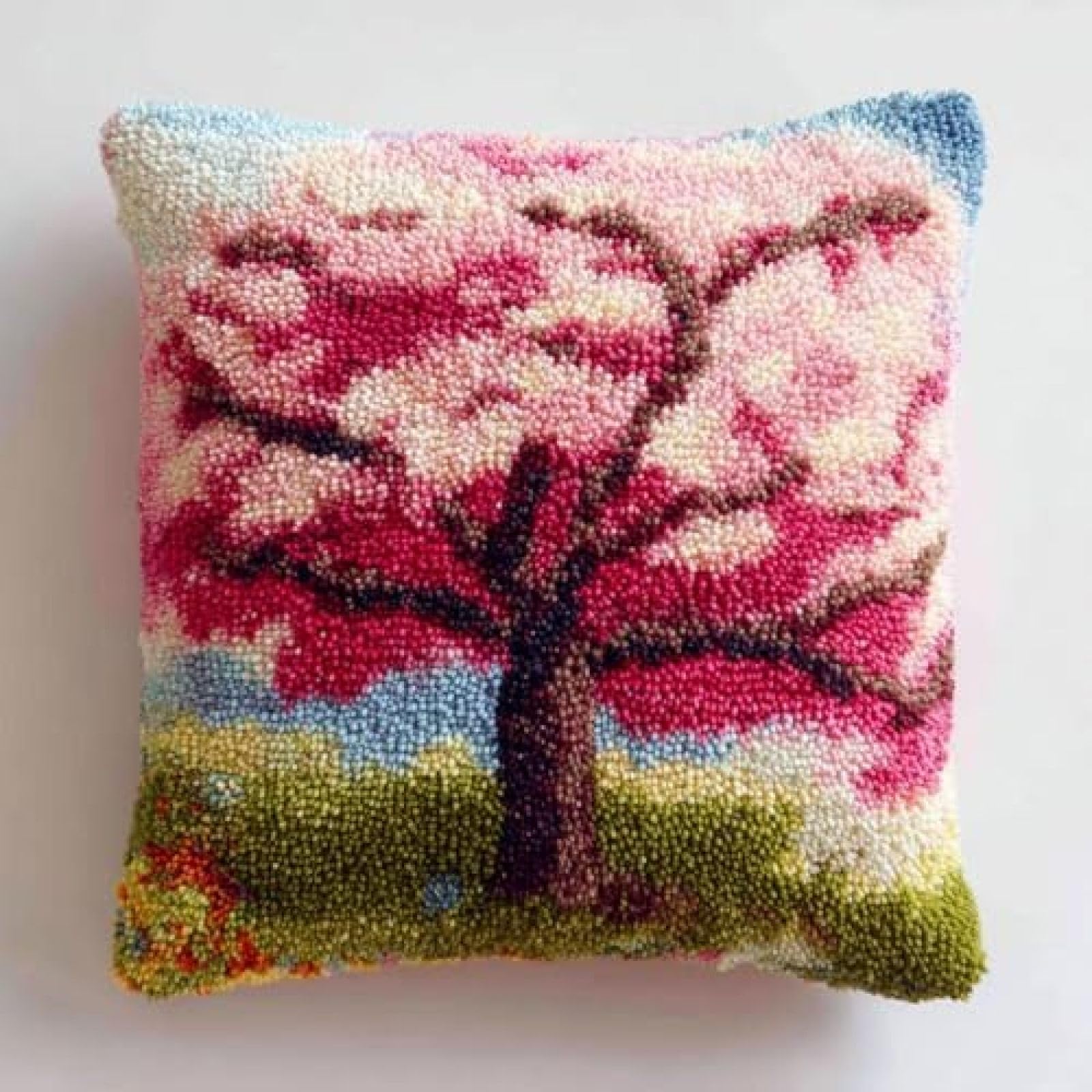 kitphoenix Latch Hook Cushion Cover Kit for Adults,Cherry Tree,DIY Pre-Printed Punch Needle Embroidery Kit 43x43cm with Yarns & Hooks,Beginner Craft Gift for Women