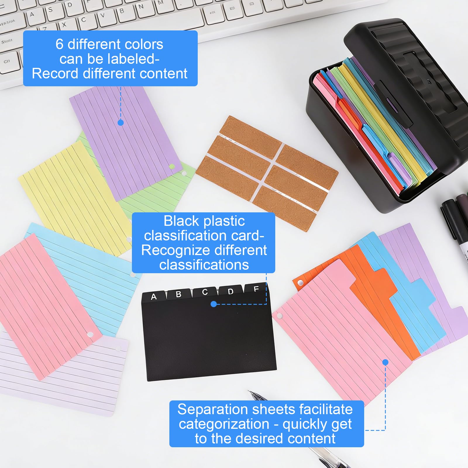 Scatola per Flashcards Nera con 400 Cartoncini Colorati A6, Schede Forate a Righe, 6 Anelli Metallici e Schede Indice A-E, Ideale per Appunti per Ufficio, Scuola, Casa Studio Appunti