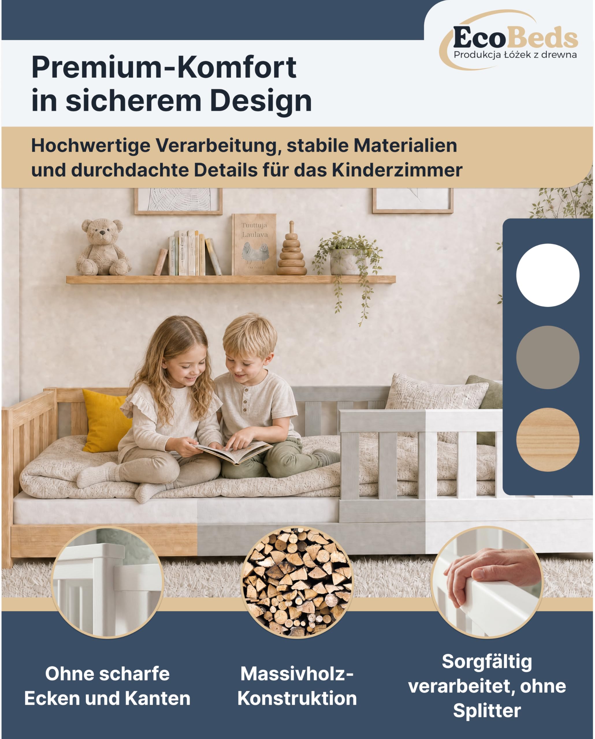 EcoBeds LULU Plus Bodenbett 90x200 cm Kiefer Massivholz bis 150 kg | Natur Lackiert - mit Rausfallschutz und 18 cm Füßen, für Kinder, stabil, robust, einfache Montage