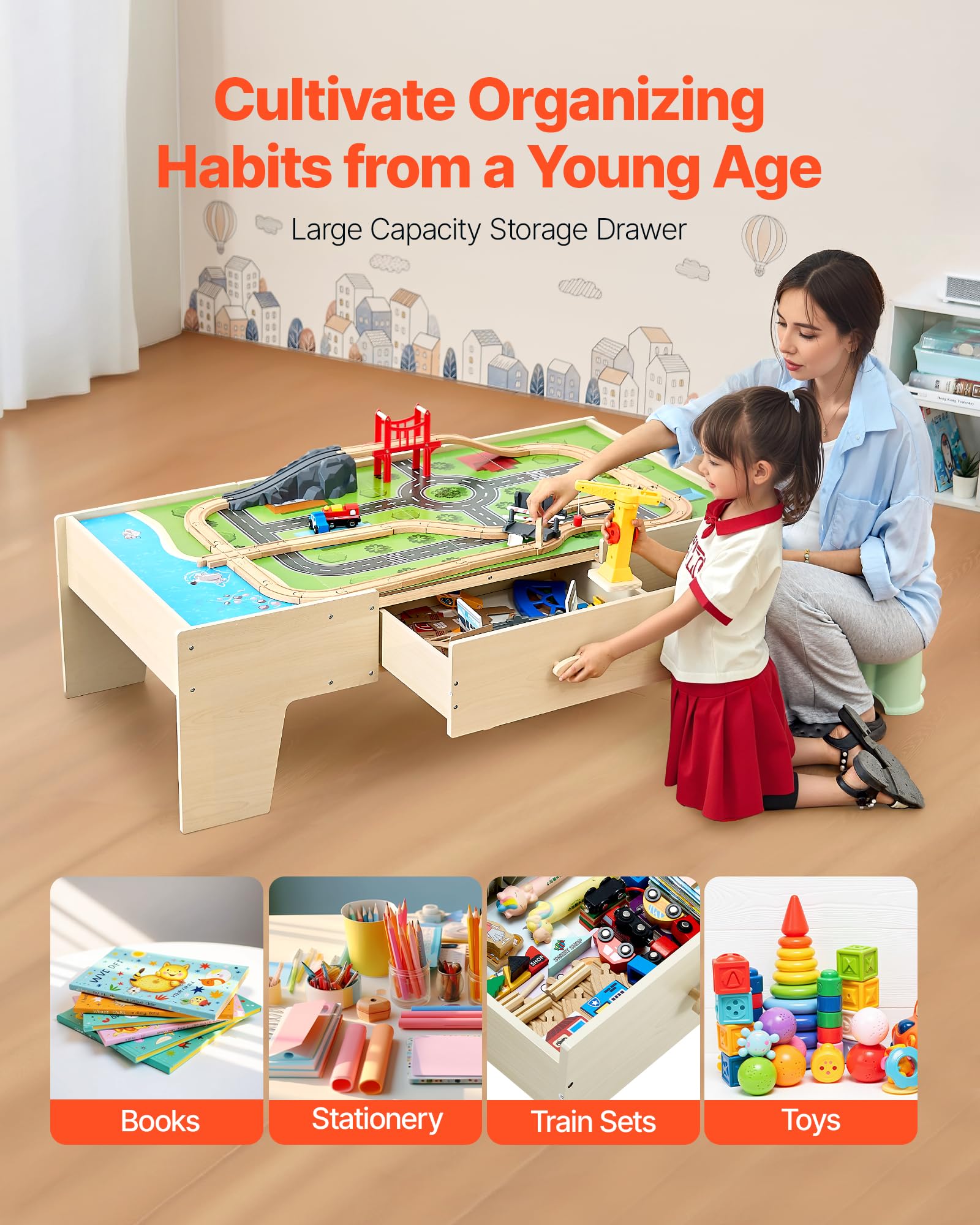 VEVOR Holz Aktivitätstisch, 62-teilig, Kindertisch mit großer Schublade, 3-in-1-Eisenbahnset zum Spielen, Malen, Lesen, Essen, kreatives Spielzeugset für Kinder ab 3 Jahren
