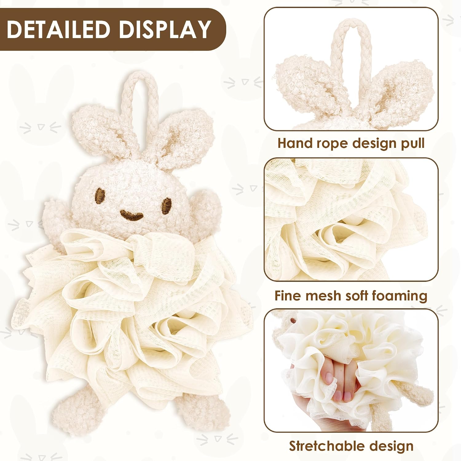 Bunny Bath Pouf 2-Pack, Kids Shower Loofah Sponges, Soft Mesh Gentle Exfoliating Body Puff, White (2Pcs)