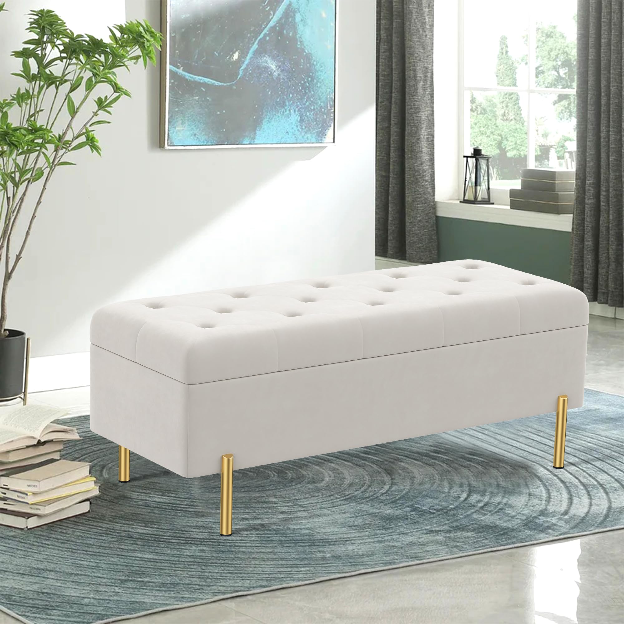 Apeaka Velvet Storage Bench, Modern End of Bed Bench for Bedroom, Upholstered Tufted Ottoman Bench with Storage for Living Room Entryway Ivory