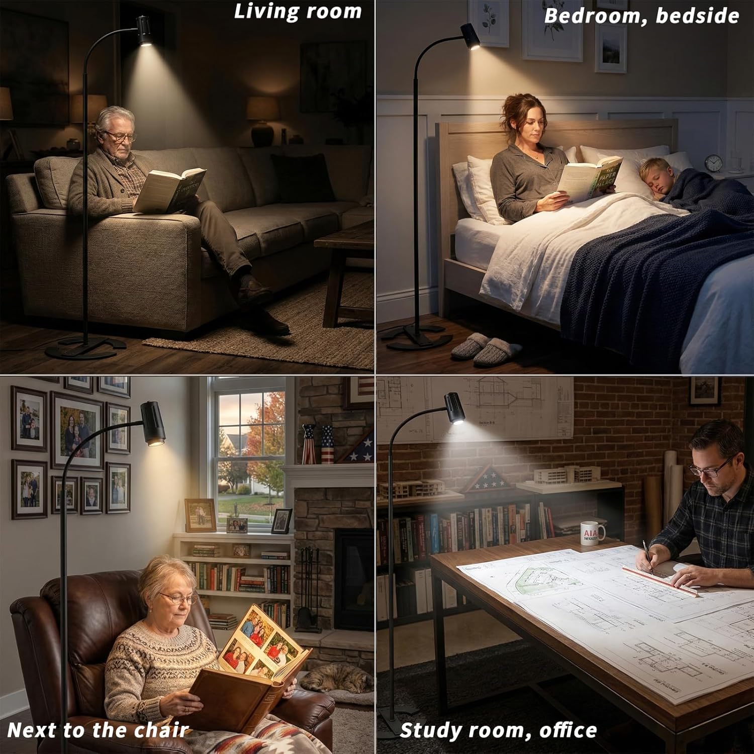 Reading Floor lamp Standing gooseneck Flexible Floor Spotlight Light Over Chair Adjustable dimmable 66'' for Office Task Living Room