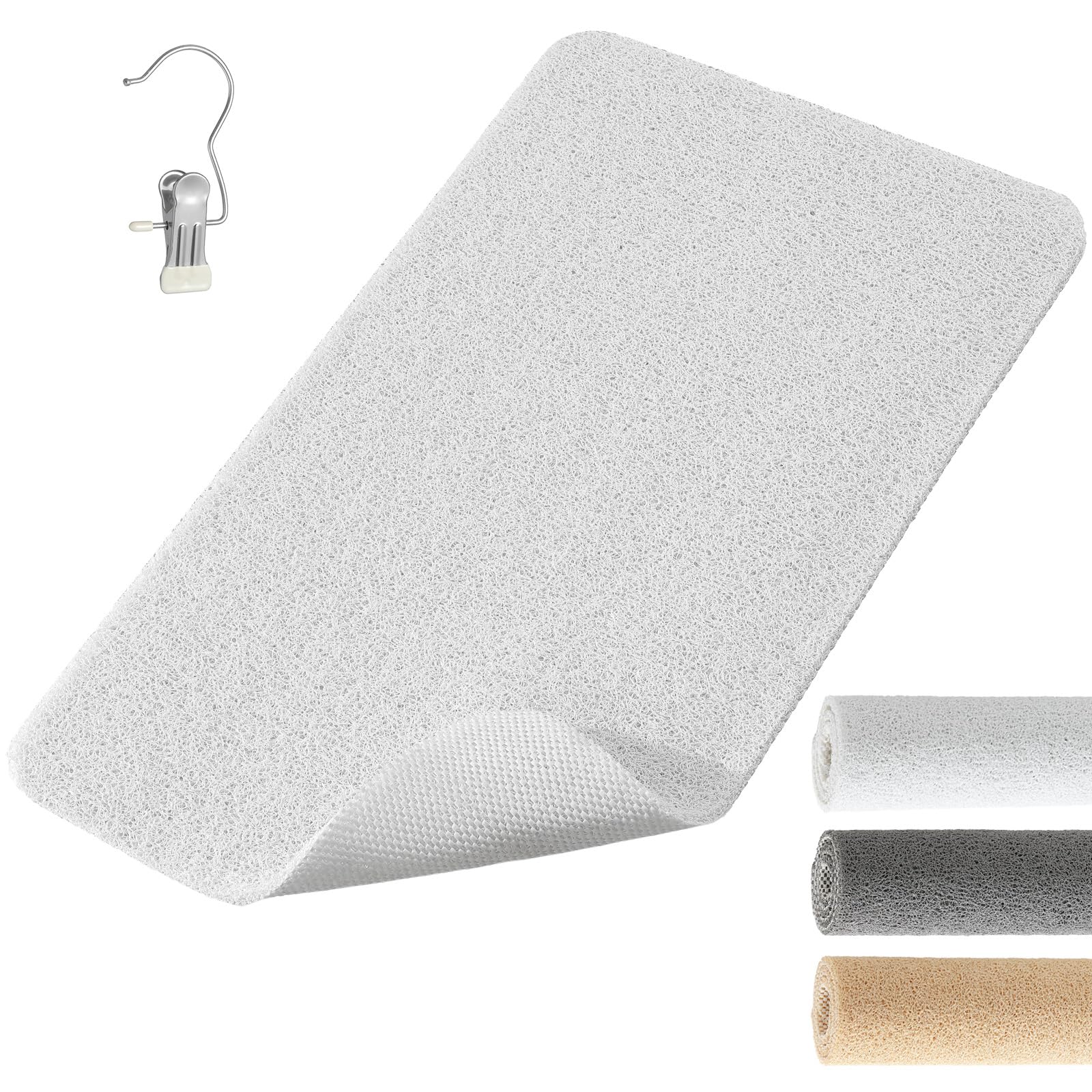 XIYUNTE Soft Shower Mat Non Slip Anti Mould 76 x 43 cm, INCL. Hooks for Drying, PVC Bath Mat Non Slip Anti Mould, Loofah Shower Mats for Inside Shower, BPA-Free for Children and Elderly, White