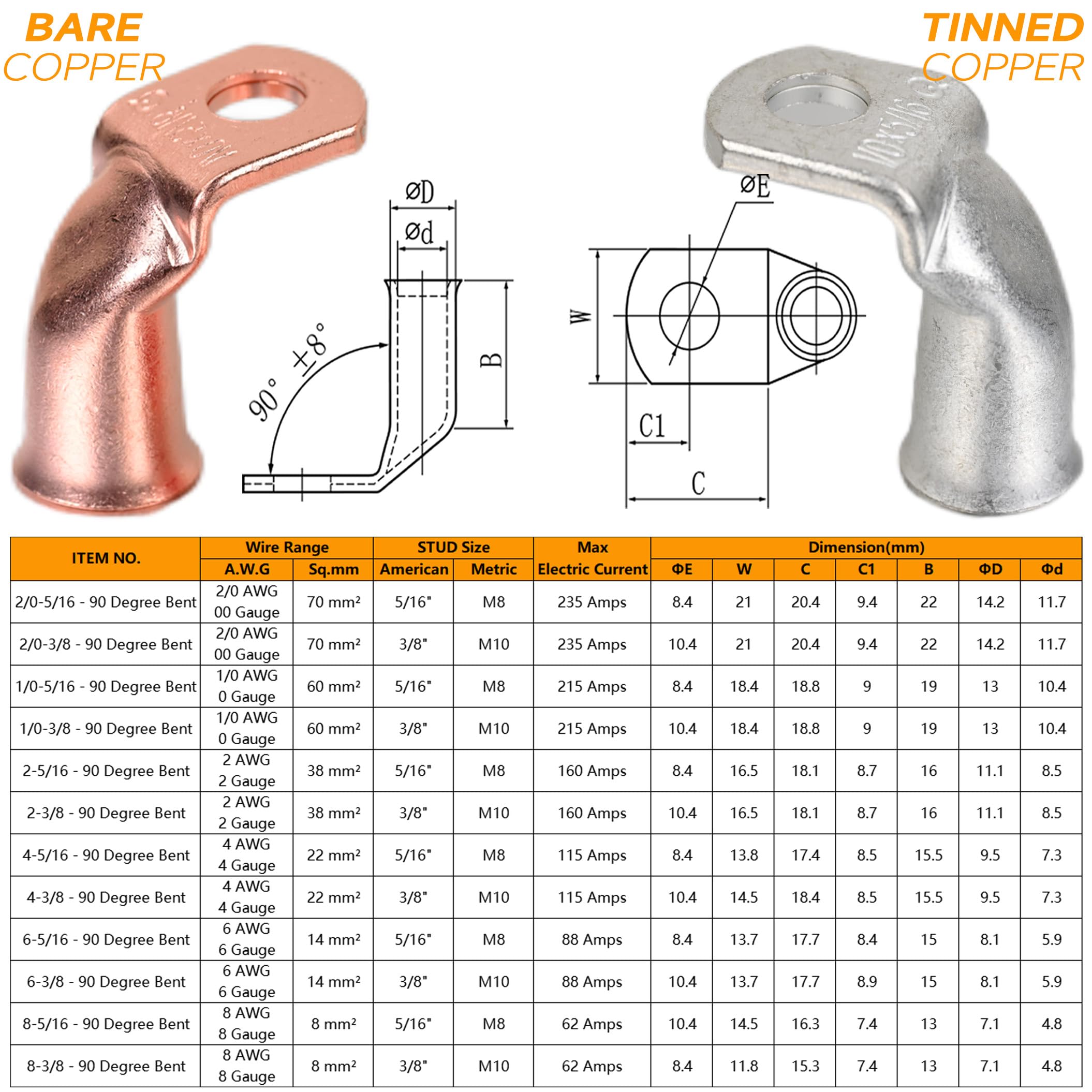 8 terminales de cable de cobre estañado 3/0 AWG-5/16, 90 grados, terminales de cable resistentes, terminales de anillo, terminales de calibre 000, extremos de cable de batería/conectores de terminal