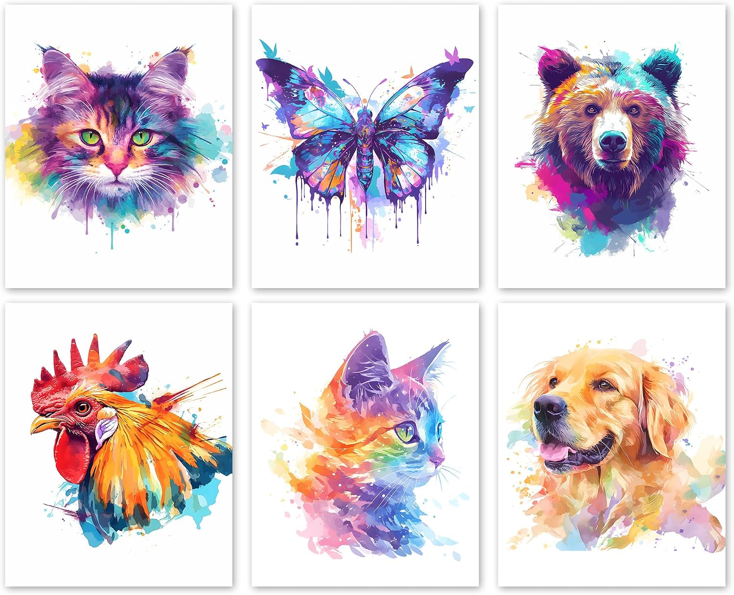 QUDNCR Watercolor Animals Poster Sets, Cute Pets Poster For Bedroom & Nursery, Colorful Wildlife Painting Wall Art Decor,Elegant Nature Gifts For Animal Lover -A01