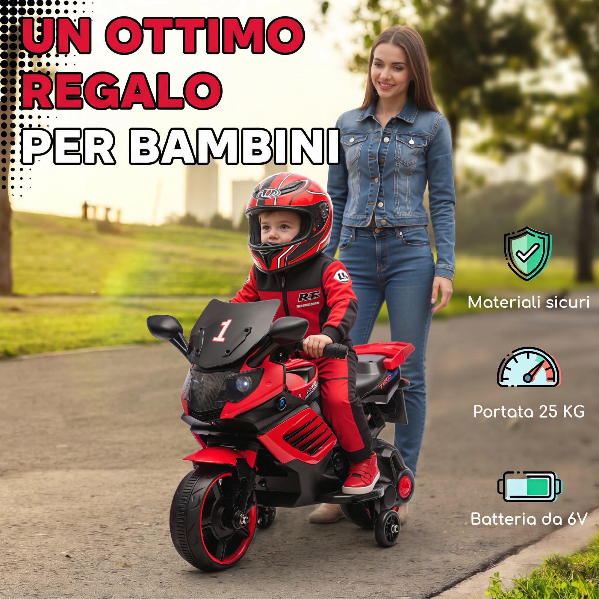 AIYAPLAY Moto Elettrica per Bambini da 18-36 Mesi, 6V Motorino Elettrico con Rotelle di Supporto Rimovibili, Fari Anteriori e Musiche Integrate, 2.5 km/h, Capacità 25kg, Rosso