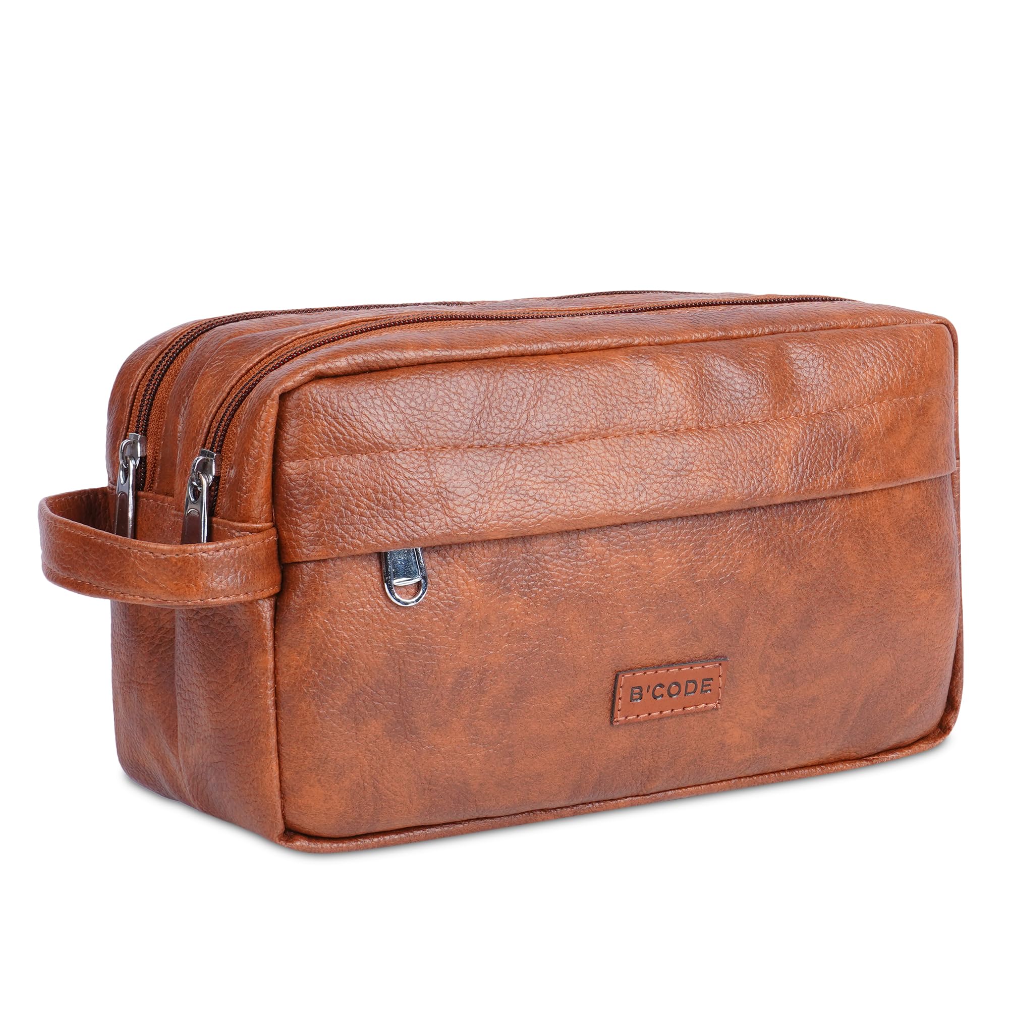 travel toiletry organizer kit | 2 compartments | waterproof vegan faux leather | stylish storage organizer kit for men & women | shaving kit organiser make up and gadget pouch [black] (tan)