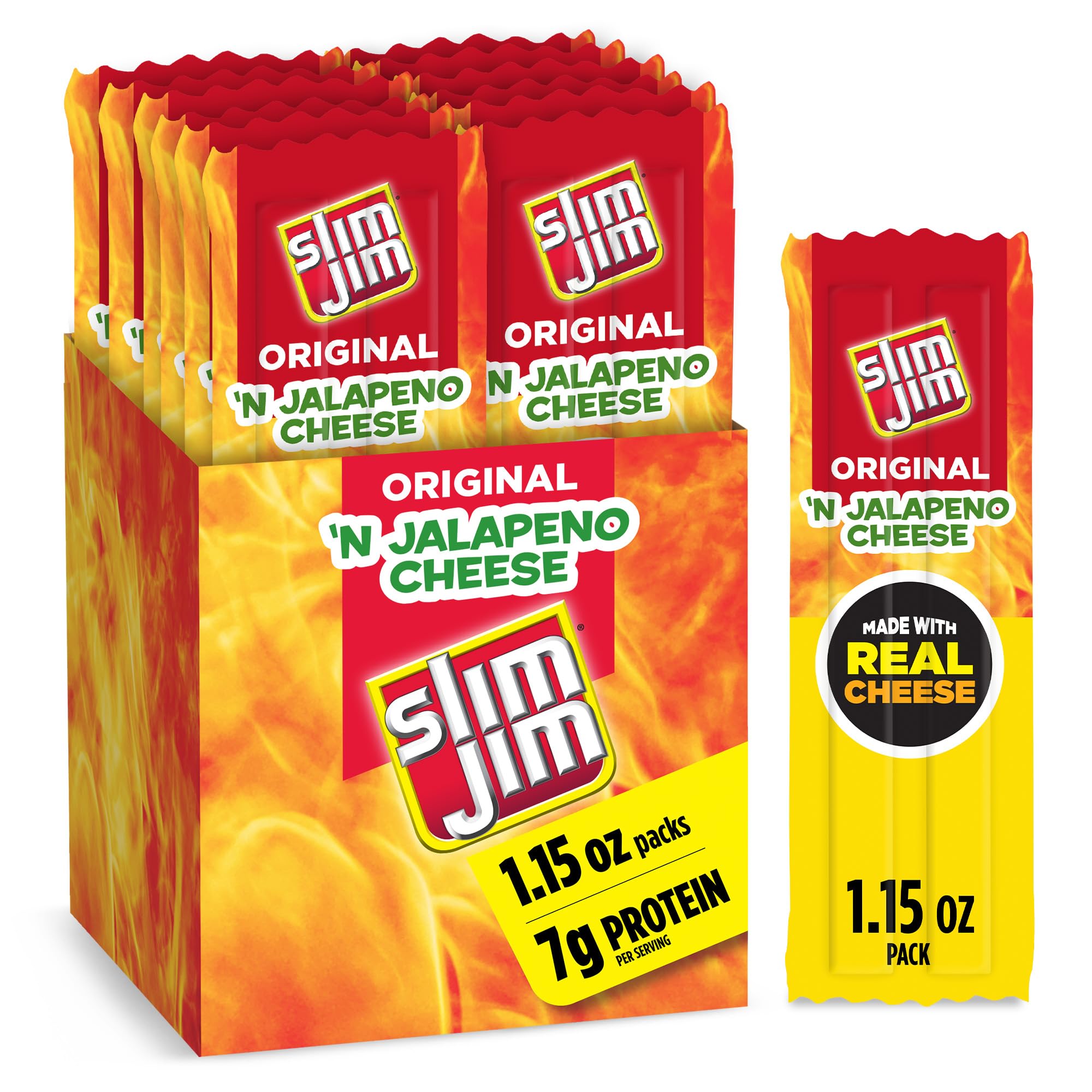 Slim Jim Beef 'N Jalapeno Cheese Smoked Meat Sticks, Original Flavor, 7g Protein Per Serving, Stocking Stuffer, 1.15 oz. (14 Count)