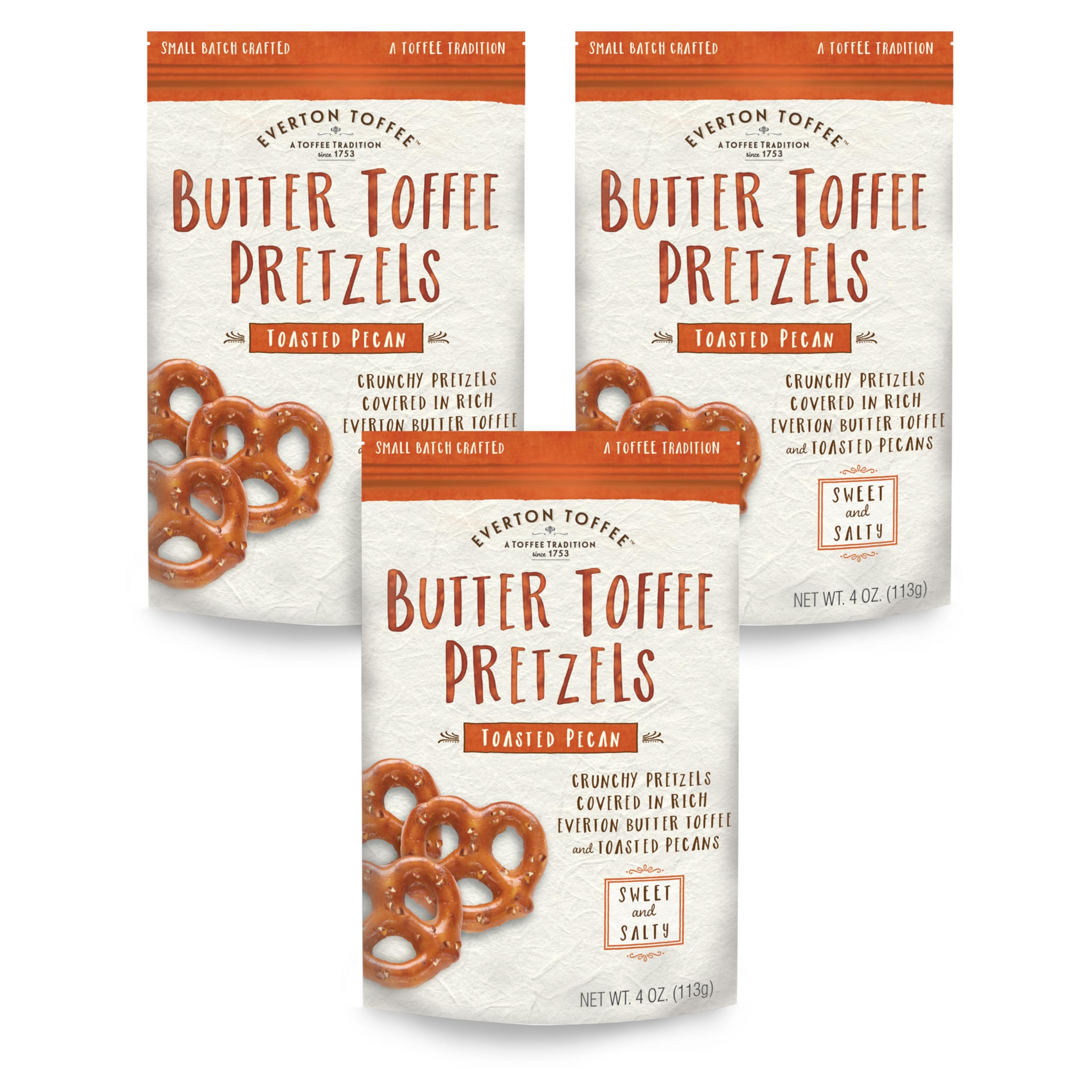 Butter Toffee Pretzels, Toasted Pecan Flavor (4 oz. bag, 3-pack), Gourmet Artisan Toffee Covered Pretzels, Sweet and Salty Mini Pretzel Snacks, Small Batch Crafted