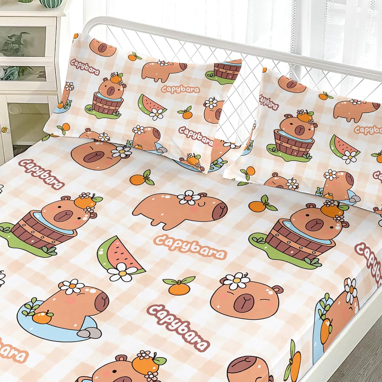 AILONEN Cute Capybara Fitted Sheet Set Full Size, Cartoon Capybara Orange Bedding Set for Kids Teens Girls Boys,Kawaii Animal Bed Sheet Set,1 Fitted Sheet + 2 Pillowcases,3Pcs