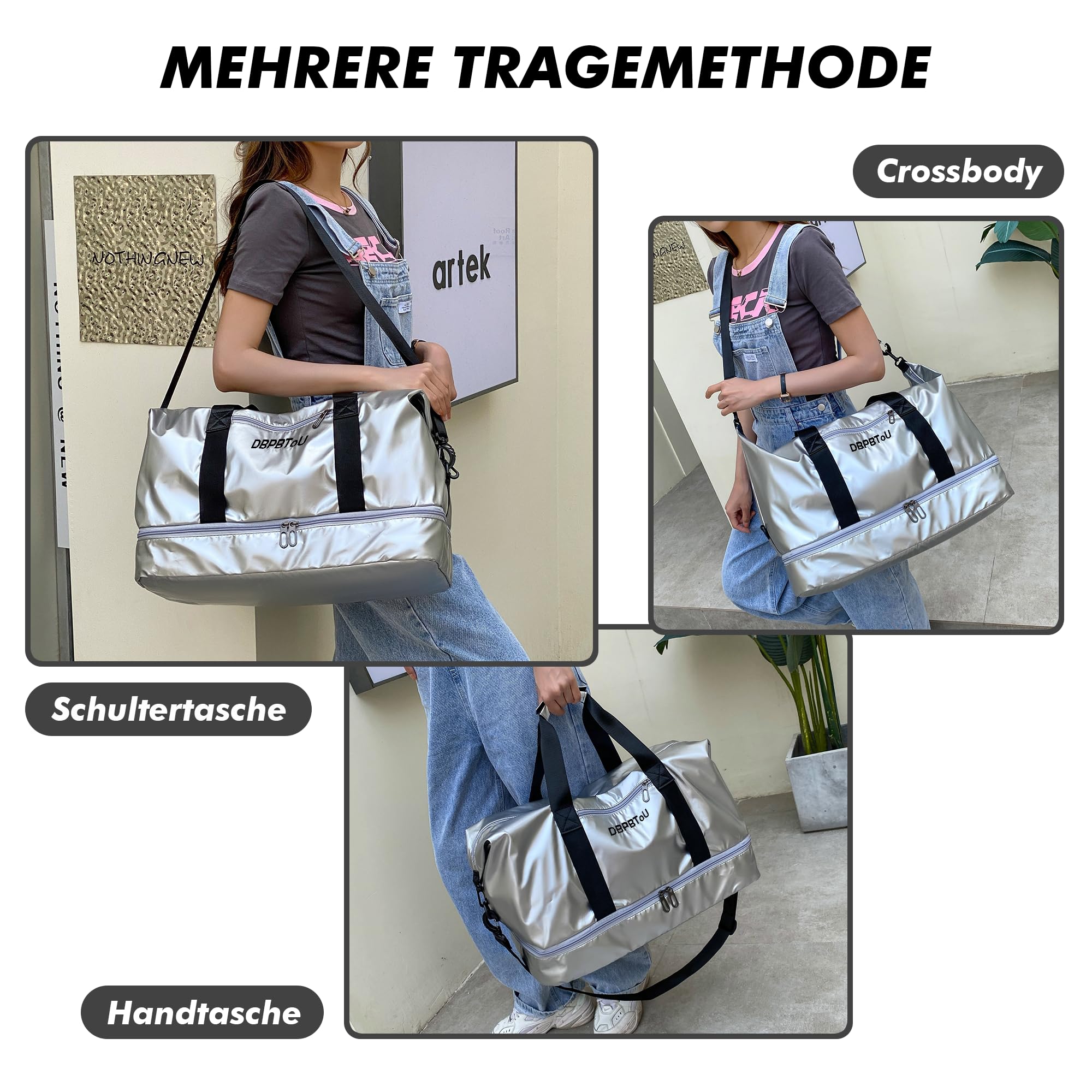 Borsone Palestra Donna con Scomparto per Scarpe, Borsone da Viaggio Impermeabile per Donna Borsa Palestra Grande Elegante con Scomparto Umido (Argento)