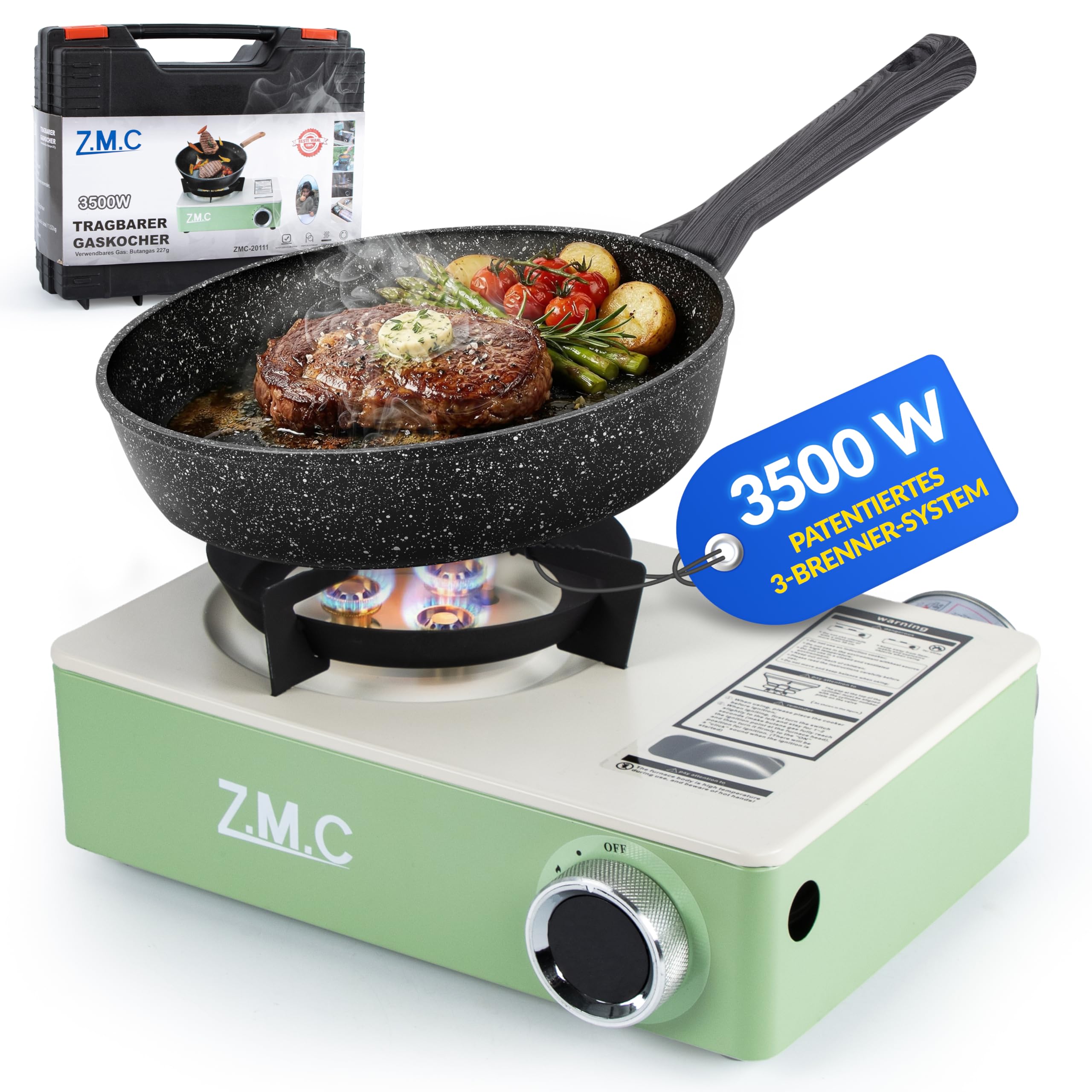 Z.M.C Gaskocher 1-flammig 3,5 kW inkl. 8x Gaskartuschen 227g | 3-Brenner & Piezo-Zündung | Campingkocher mit Transportkoffer | kompakt 1,4 kg | Camping Outdoor