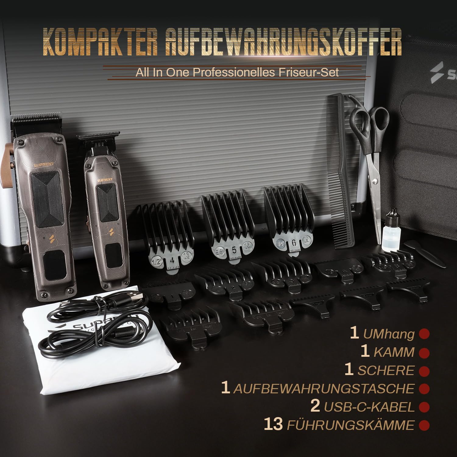 SUPRENT Professionelle Haarschneider Herren, Kabelloser Friseursatz mit 6500 U/min Motor, Spaltlos Einstellbare Klingen, Schwarze Code-Aufsteckkämme & Tasche