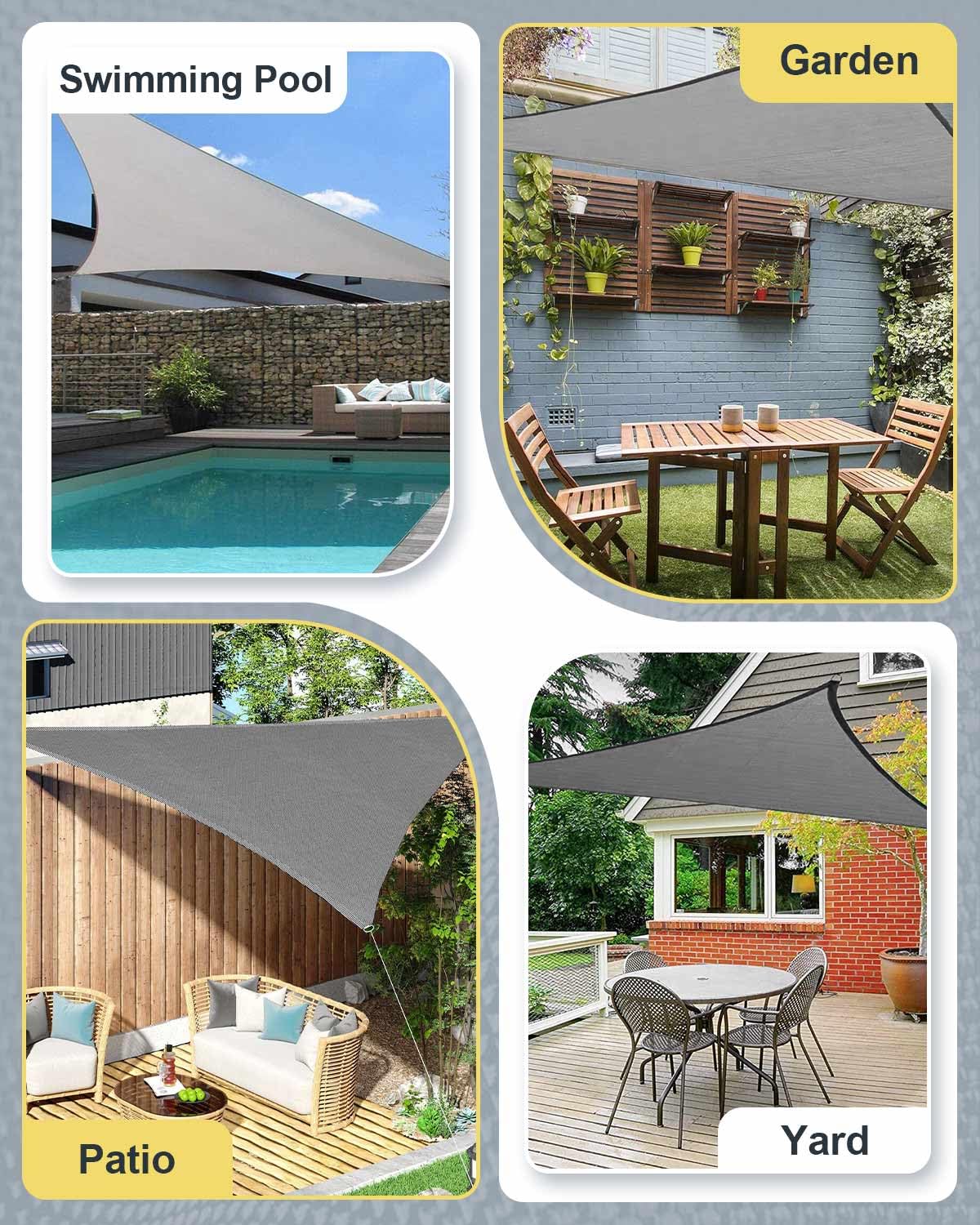 Voile d'ombrage triangulaire gris, 7,6 x 7,6 x 9,6 cm, imperméable, respirant, bloquant les UV, forte résistance au vent, voile de jardin avec kit d'installation, pour jardin, terrasse, piscine