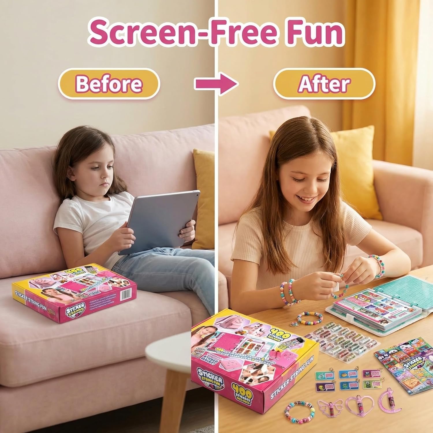 Jreiiolk Sticky Rolls Bracelet Craft Kit - 400 Reusable Mini Stickers Roll, 60-Page Collector Book, 8 Sticker Rolls Accessories | DIY Bracelet and Necklace Set for Kids Ages 5-12 (Pink)