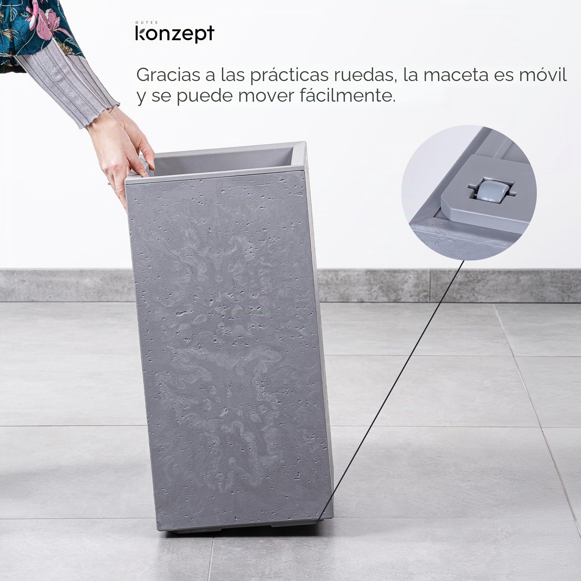 KONZEPT Macetero grande alto de hormigón con ruedas y drenaje, 28,6 x 28,6 x 59,4 cm, para interior y exterior, color gris