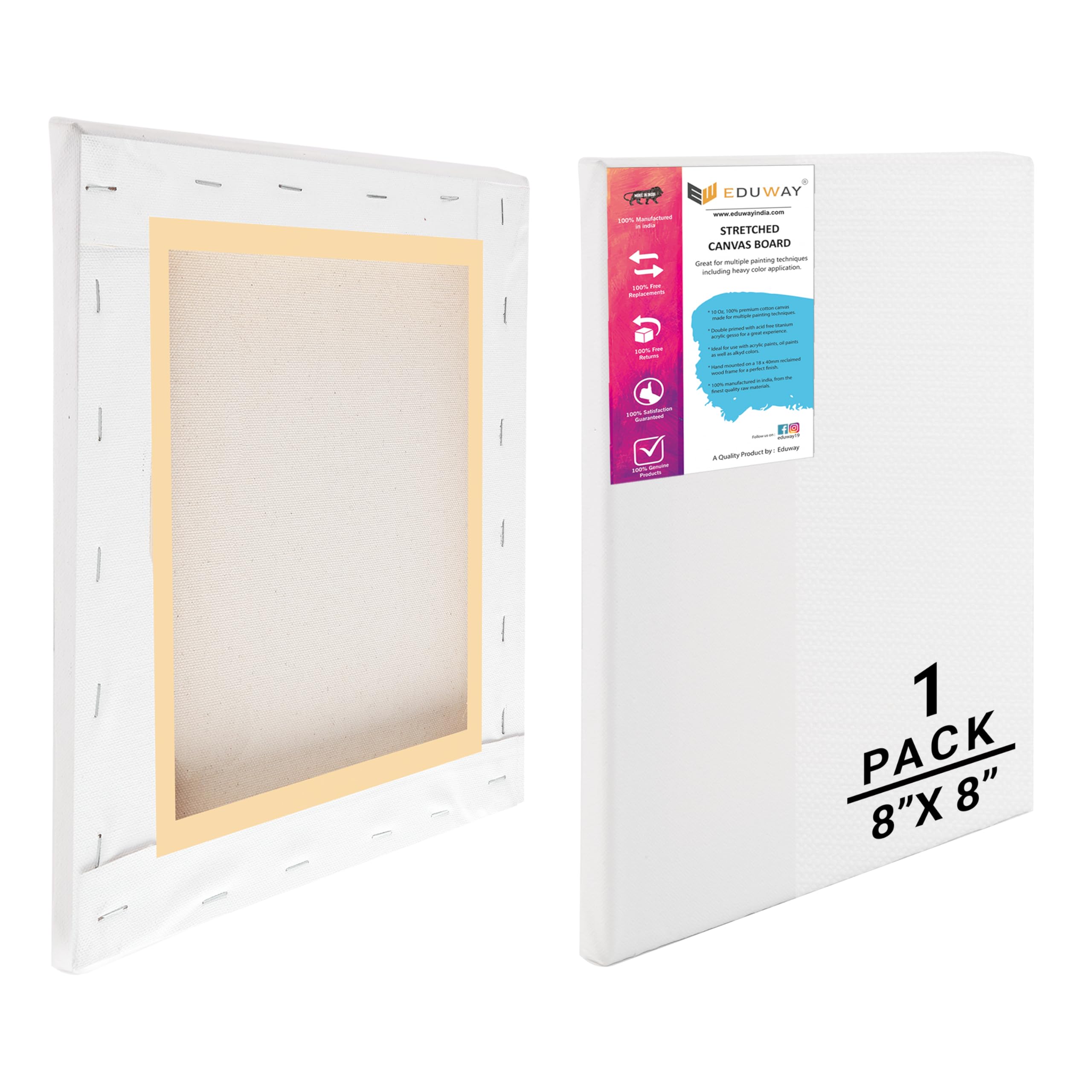 Eduway Średnioziarnisty 20 x 20 cm - bawełniane wstępnie rozciągnięte płótno z drewnianą ramą do malowania, białe - (zestaw - 1 szt.) - (20 x 20 cm).