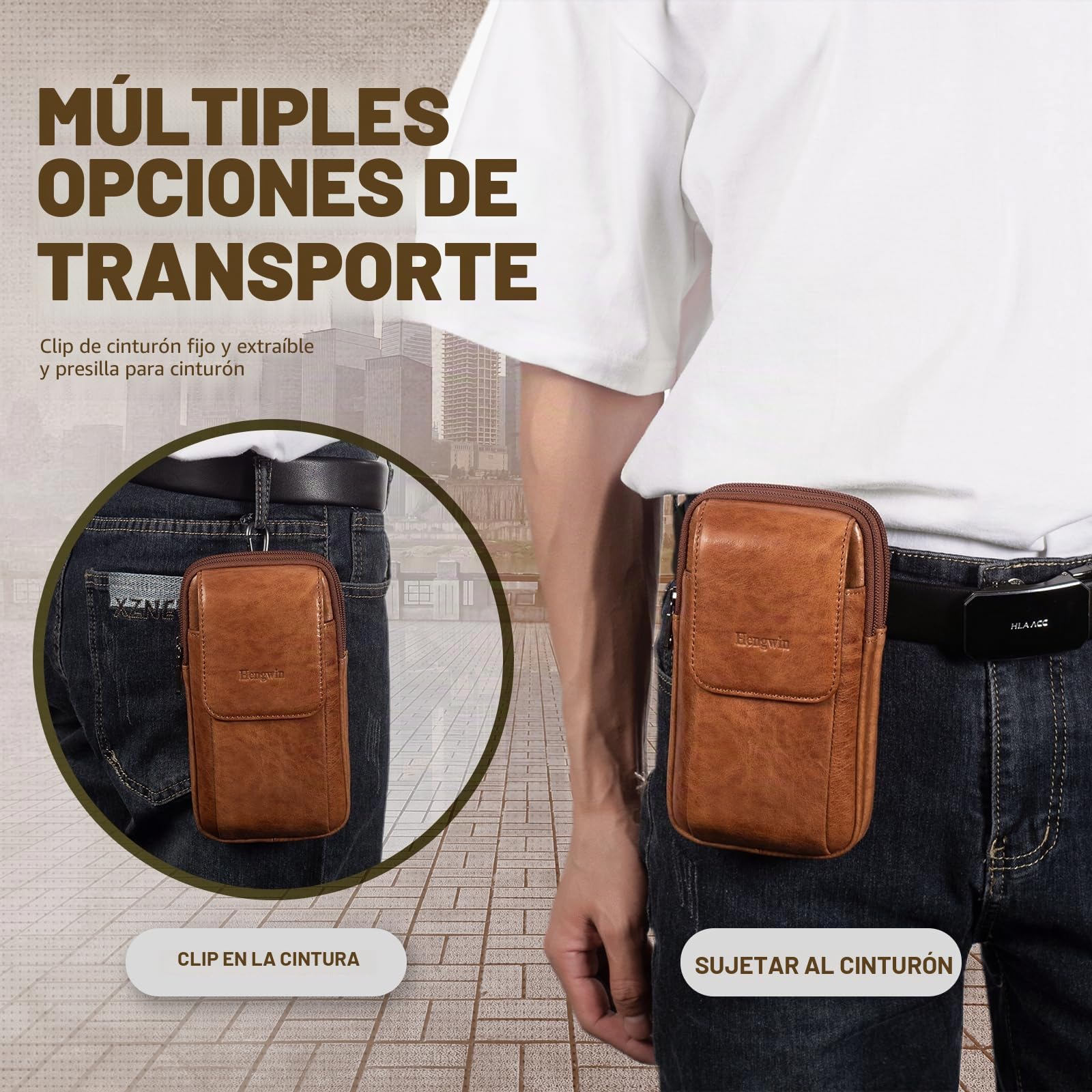 Multifuncional Cuero Genuino Doble Cremallera Bolsillos Hombres Vintage Look Bolso Bolso de Hombro teléfono cinturón Bolsa teléfono Funda para Viajes Actividades al Aire Libre