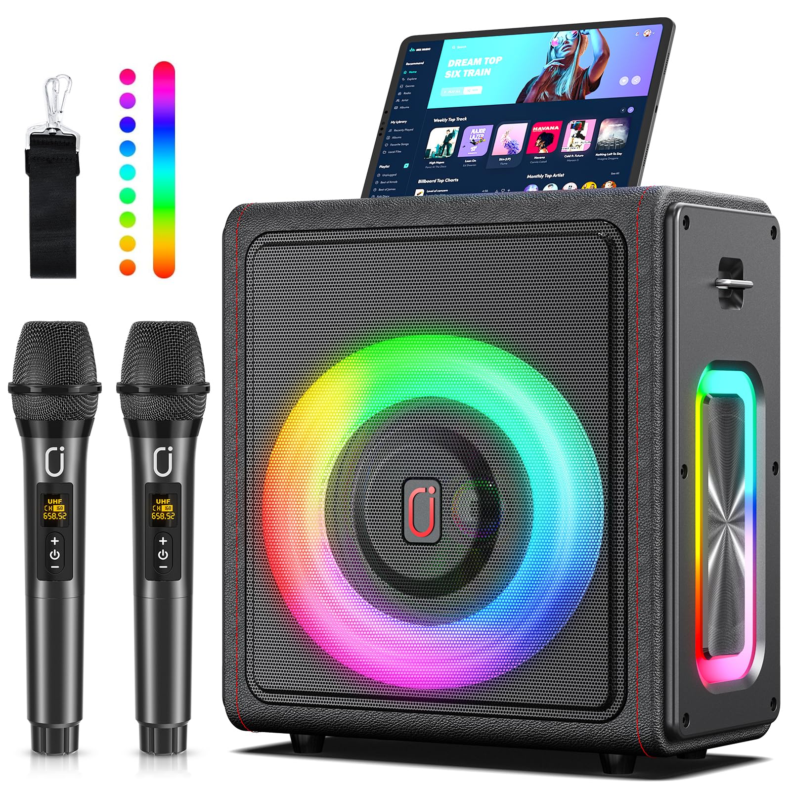 Karaoke Portatile HWWR Con 2 Microfoni Wireless - Cassa Bluetooth Con Luci LED, Supporto USB/TF/AUX, Ideale Per Feste - Foto 6
