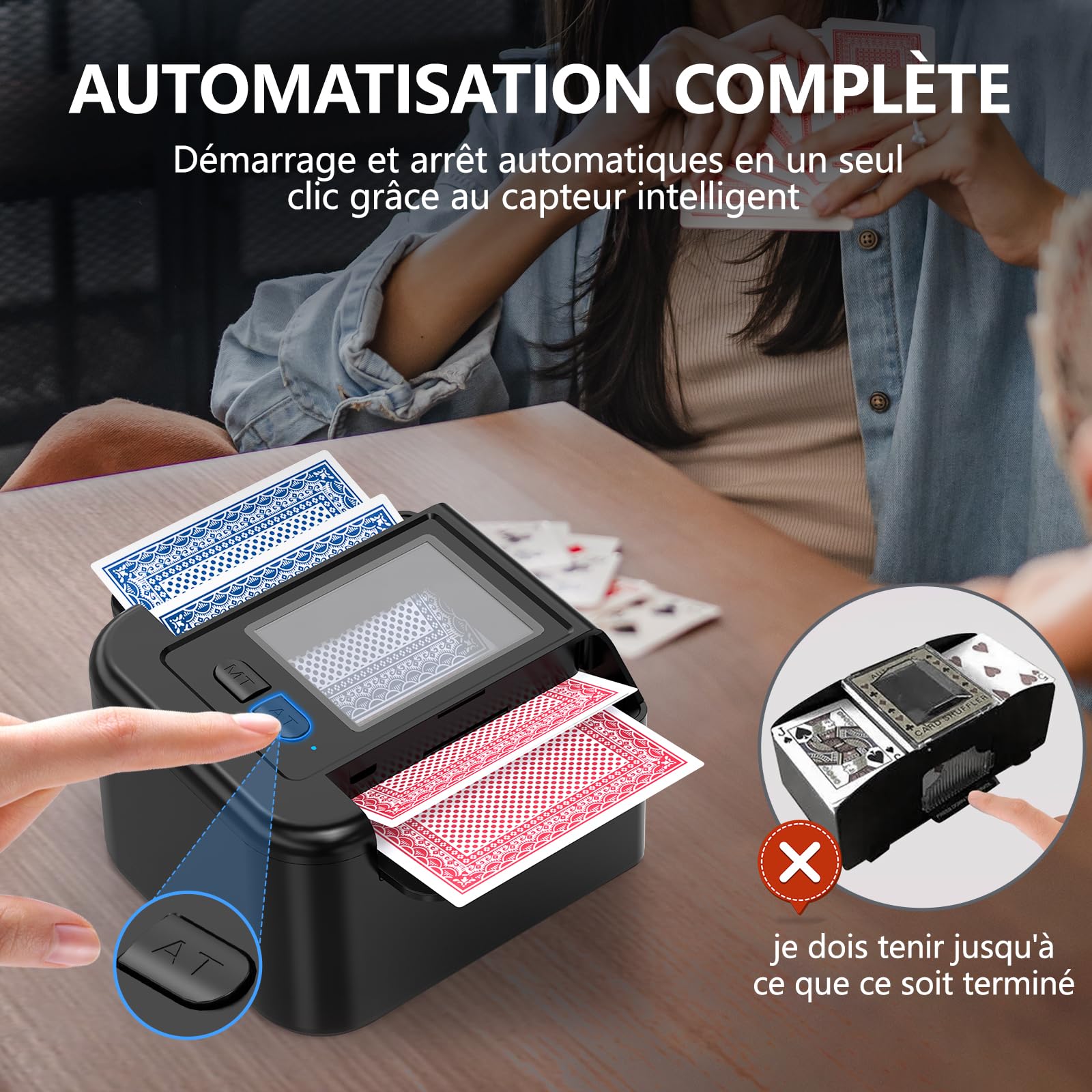 ShinePick Mélangeur de Cartes Automatique, Melangeur de Carte électronique Rechargeable USB, Automatique/Manuel 2 Modes, 1-2 Ponts, pour Jeu de Cartes/UNO/Poker/Texas Hold'em/Blackjack