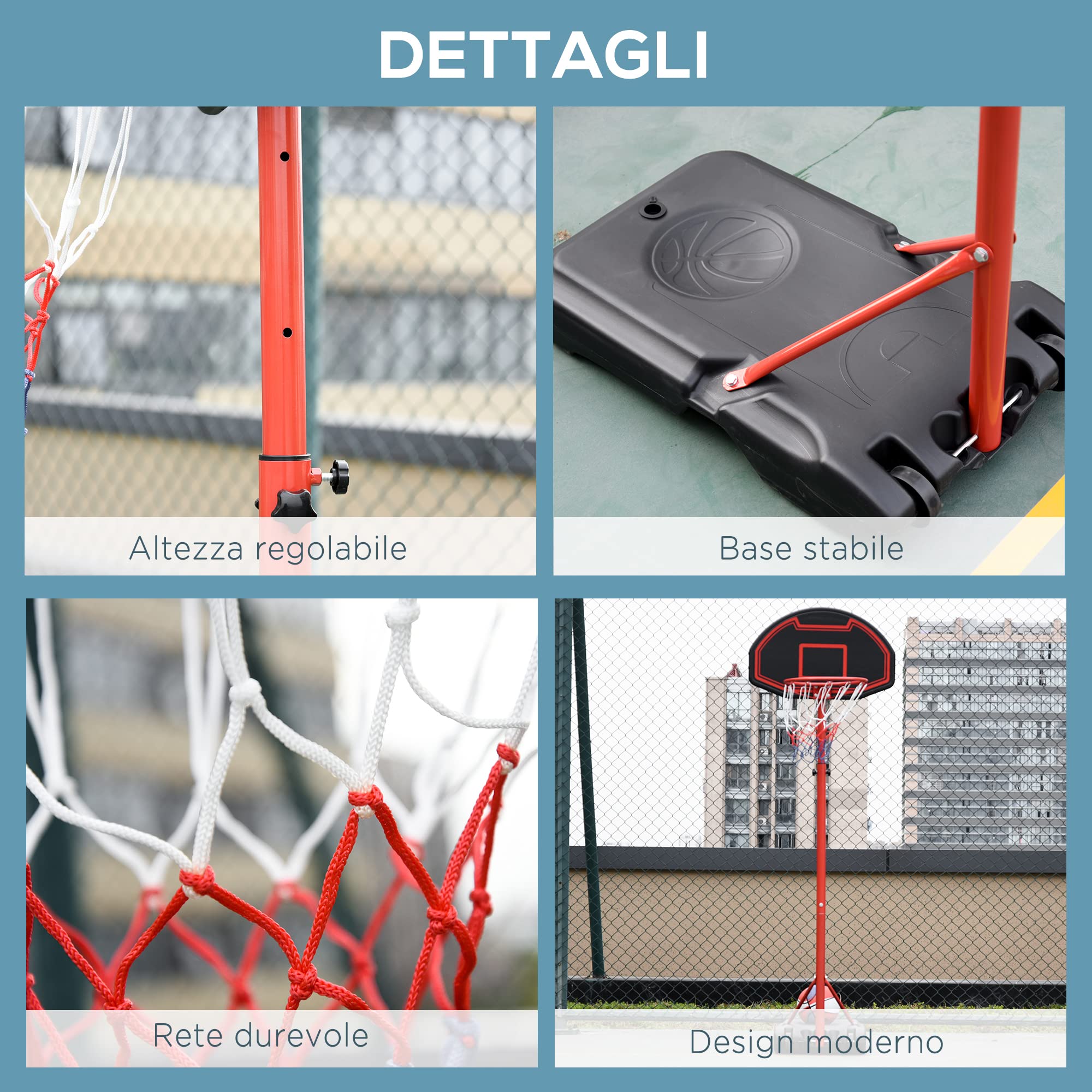 HOMCOM Canestro Portatile Canestro Basket da Esterno con Altezza Regolabile 193.5-248.5cm e Base da Riempire con Acqua o Sabbia, in Acciaio e Nylon 73x49x194-249cm