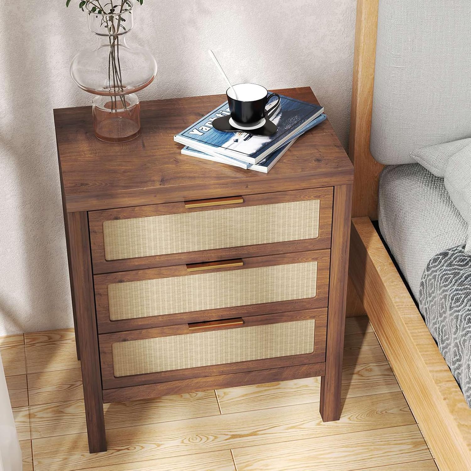 Rattan Nightstand with 3 Drawers 24" Large Boho Nightstand Modern Wooden Accent Bedside Table Multifunctional Chest of Drawers for Bedroom Hallway Entryway