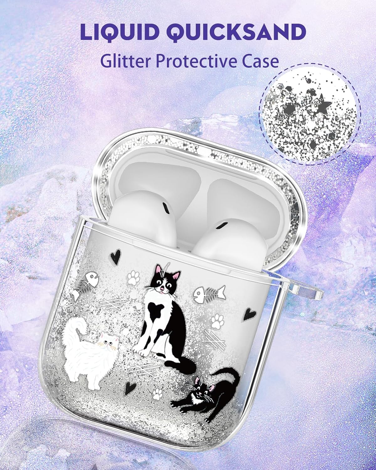 for Airpods 2nd/1st Generation Case - Quicksand Liquid Cute Kawaii Cover Girl Women Sparkling Sparkle Glitter Bling Sparkly Aesthetic Pretty Adorable Cats Keychain Girly for Airpod 2/1 Case image 3