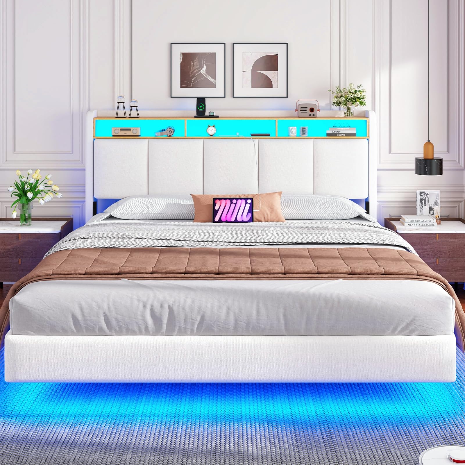 DICTAC King Size Floating Bed Frame with Upholstered Storage Headboard, Stable and Sturdy 5ft King Bed Frame with Charging Station & LED Lights 150x200cm Platform Bed Frame, 350KG Load Capacity, White