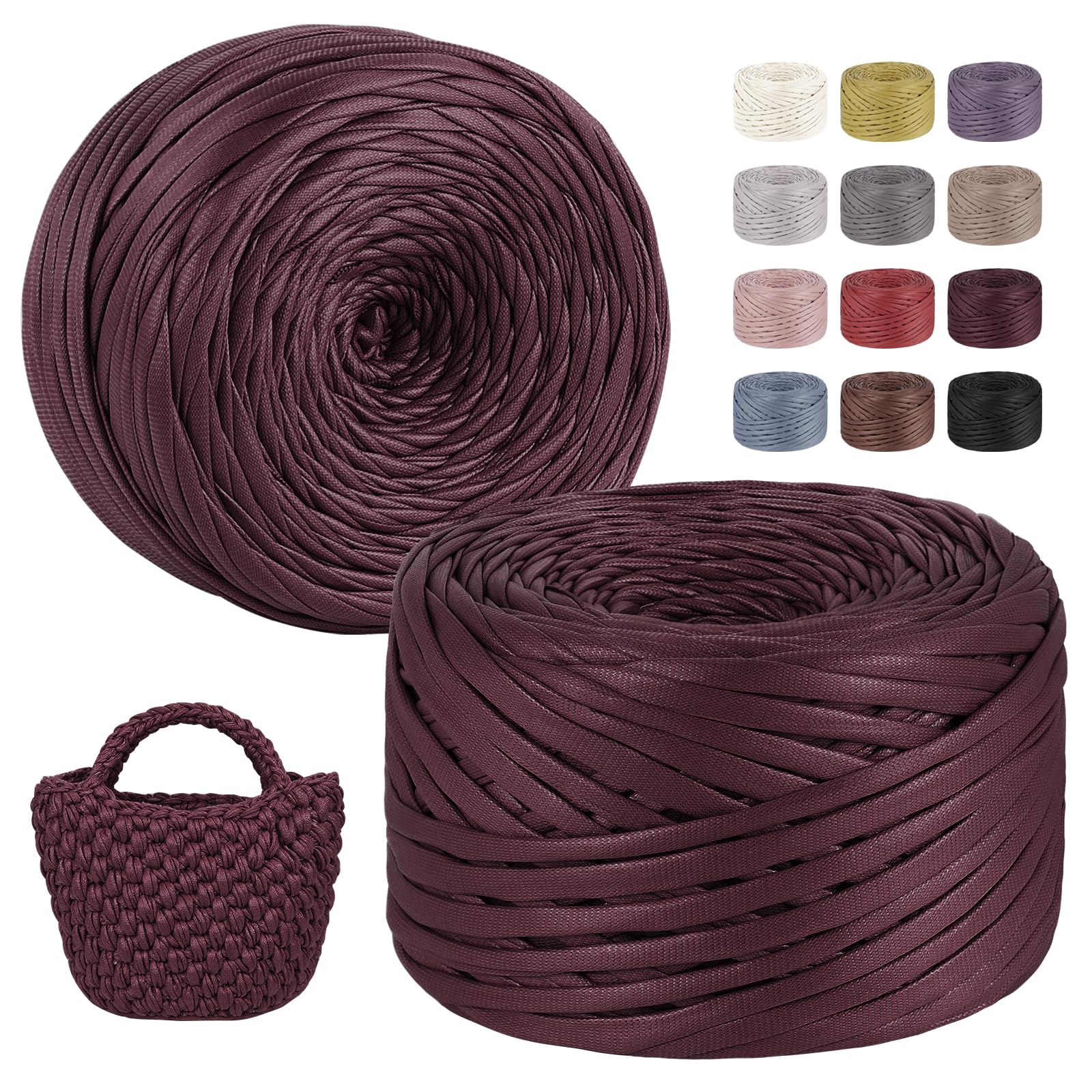 Fettuccia per Borse a Uncinetto, 2x200g/2x90m Aspetto Similpelle Filato Grosso in Poliestere Cordino per Borse Uncinetto, Filati per Cestini Fai da Te Decorazioni (Rosso Vino)