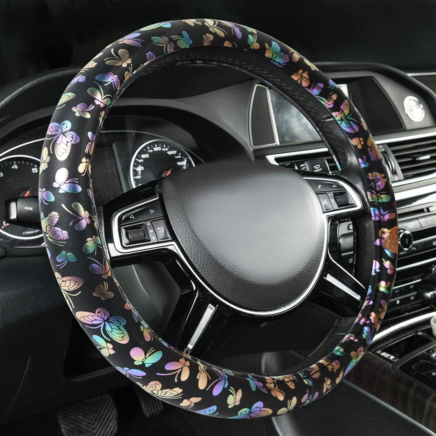 CAR-GRAND Butterfly Reflective Colorful Universal Leather Butterfly Steering Wheel Cover Women Girls Fit for 14.5-15inch Truck SUV Van (Butterfly Leather, Butterfly Black)