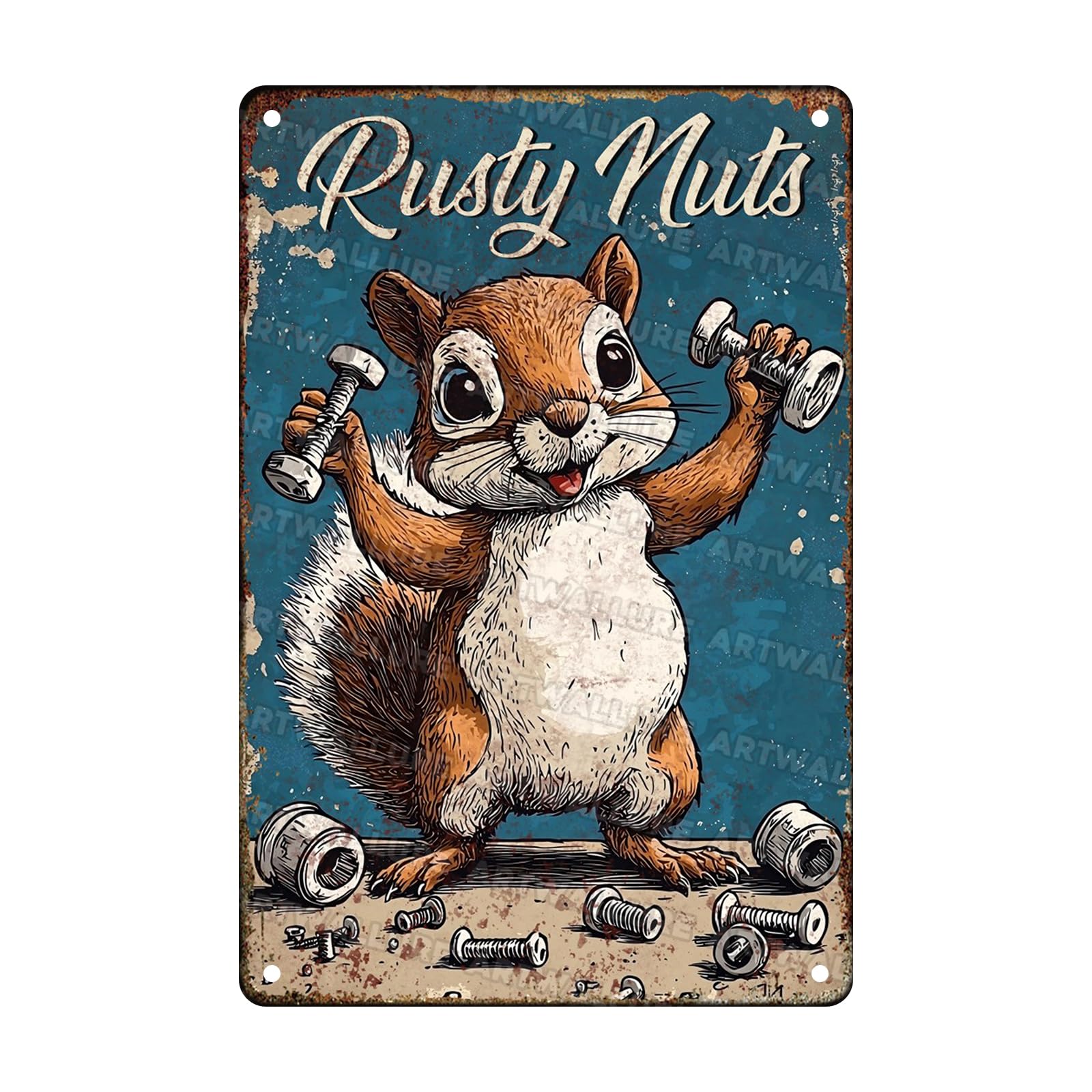 Squirrel Vintage Sign Rusty Nuts Squirrel Mechanic Metal Tin Sign for Man Cave Garden Shed Bar Bedroom Home Kitchen Gate Decor 8x12inch