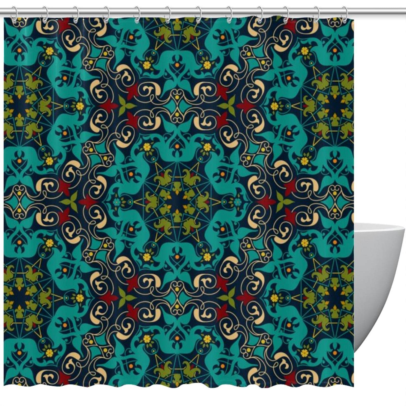 Rideaux de douche vert mandala aux finitions soignées de 152 cm