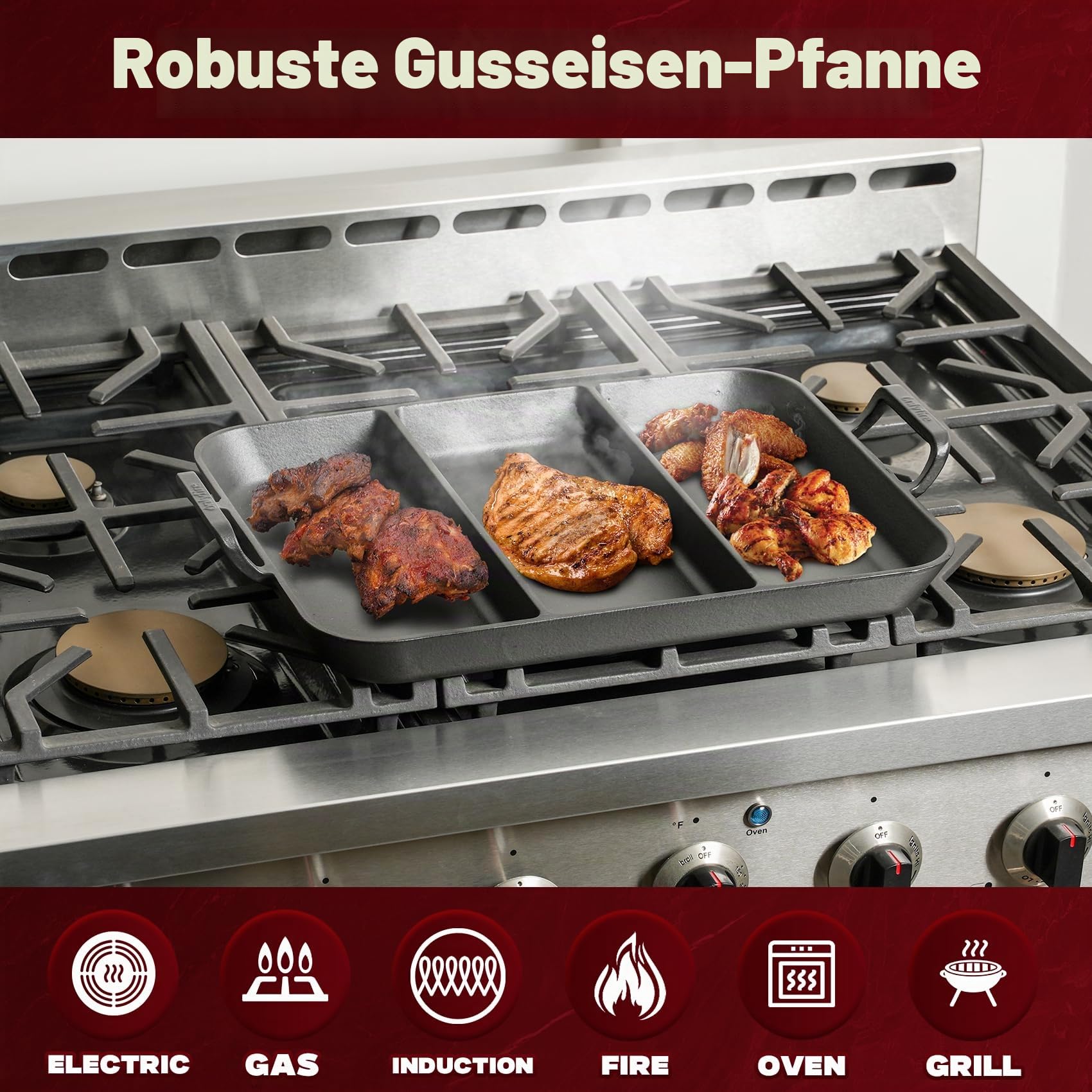 Onlyfire Gusseisenpfanne mit Griff, Gusseisen Grillplatte mit 3 Grillzonen, rechteckige Grillpfanne zum Kochen von Gemüse, Speck, Würstchen, Steak, Brot backen, Geeignet für Grill, Backofen, Herd