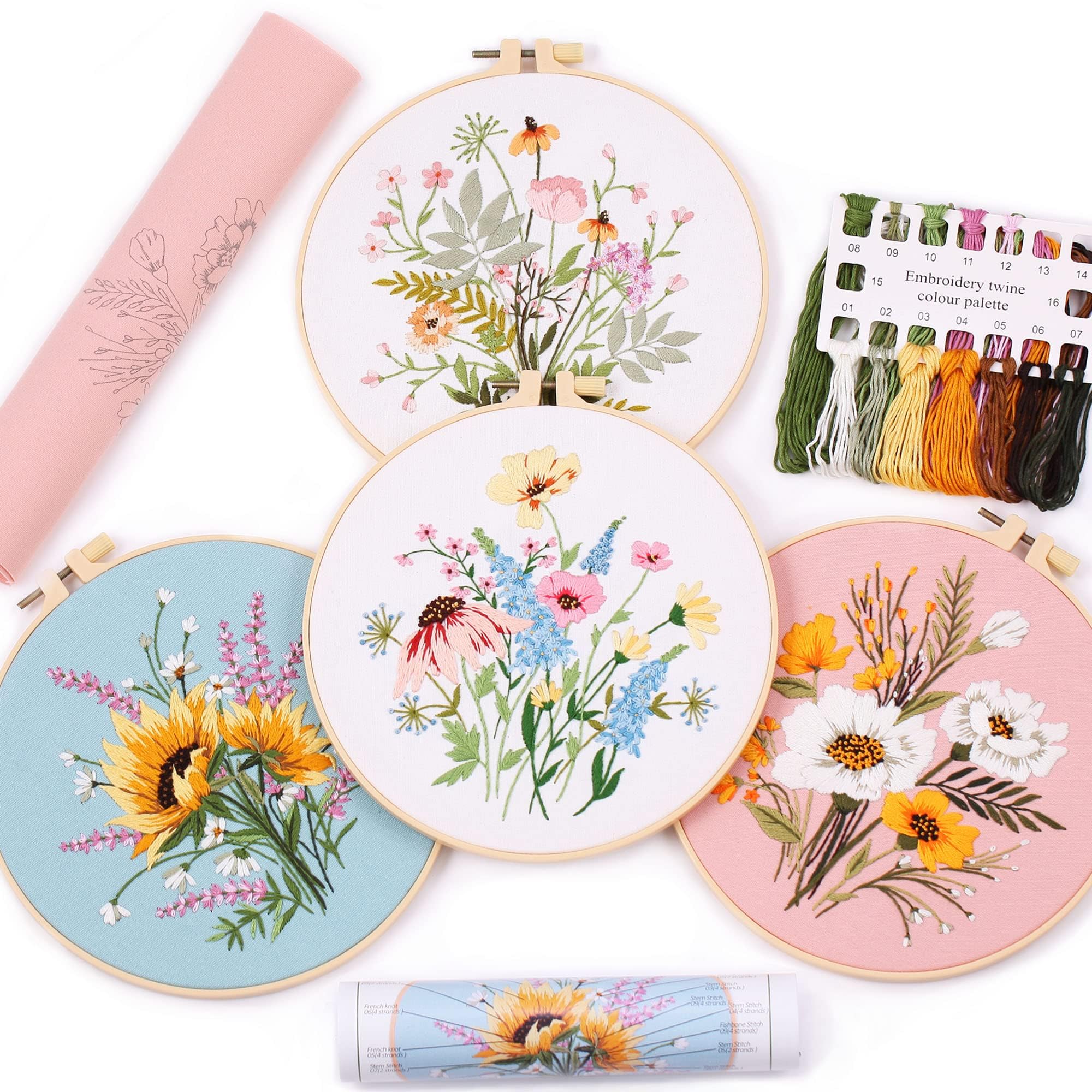 MAKINGTEC Embroidery Kit for Beginners, Hand DIY Cross Stitch Kits, Plants Flowers Embroidery and Natural Landscape Patterns with Embroidery Hoops and Color Threads for Adults Kids (Beige)