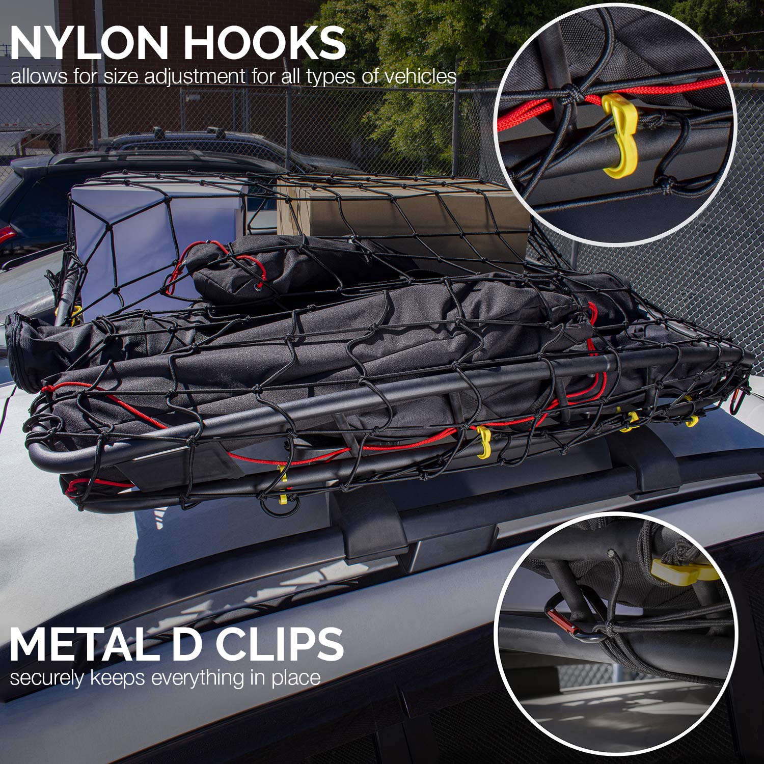 NEIKO 50971A 4'x6' Super Duty Cargo Net | Bungee Net Stretches to 8'x12' | 16 Pcs Detachable hooks, 4 Carabiners, Small 4"x4" Mesh Protects Small Items, for SUV, ATV/UTV, RV, Pickup Truck Bed, Trailer
