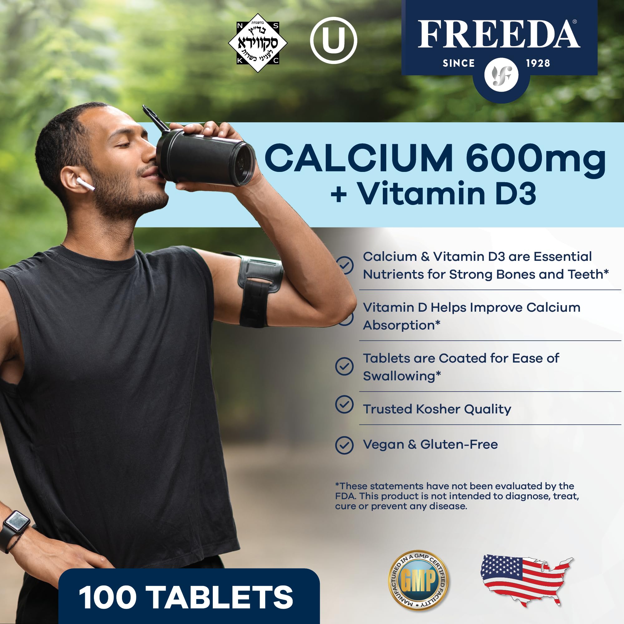 FREEDA Calcium 600mg with Vitamin D3 400 IU for Women & Men - 100 Tablets — Amazon image 8
