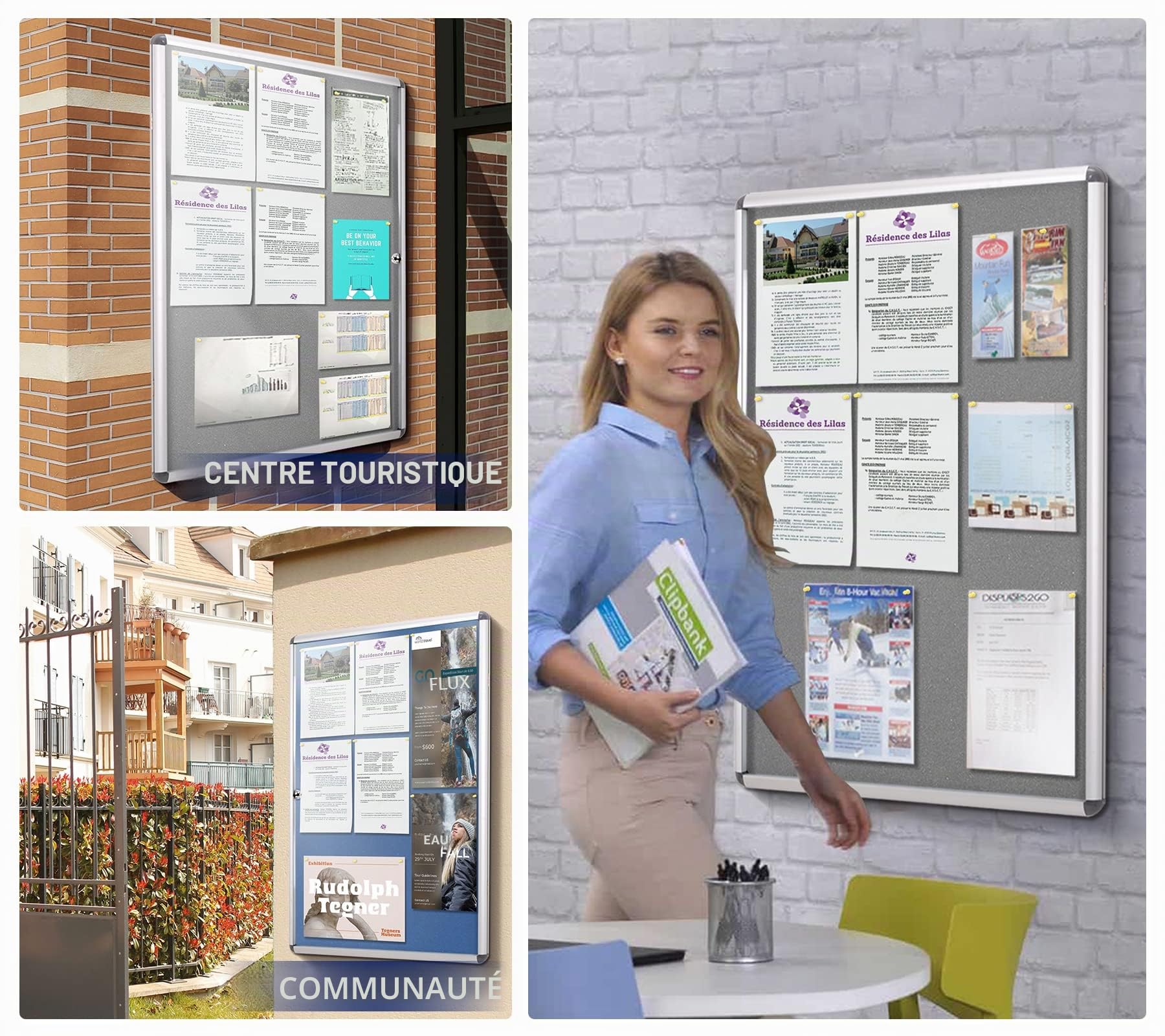 SWANCROWN Vitrine d'affichage Intérieur, 4 x A4, Tableau d'affichage mural | en tissu, Verrouillable, à 3 clés 16 punaises, cadre en aluminium, Panneau d'affichage pour bureaux immeuble magasin, 67x50cm