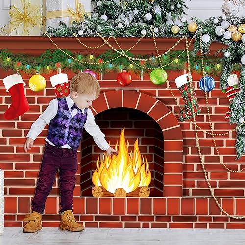Miniatura 7 de Colarr Cartón de chimenea de Navidad de 36.7 x 28 x 7 pulgadas, 3D para fogata falsa gigante de ladrillo rojo, cartón de tamaño real 3D para